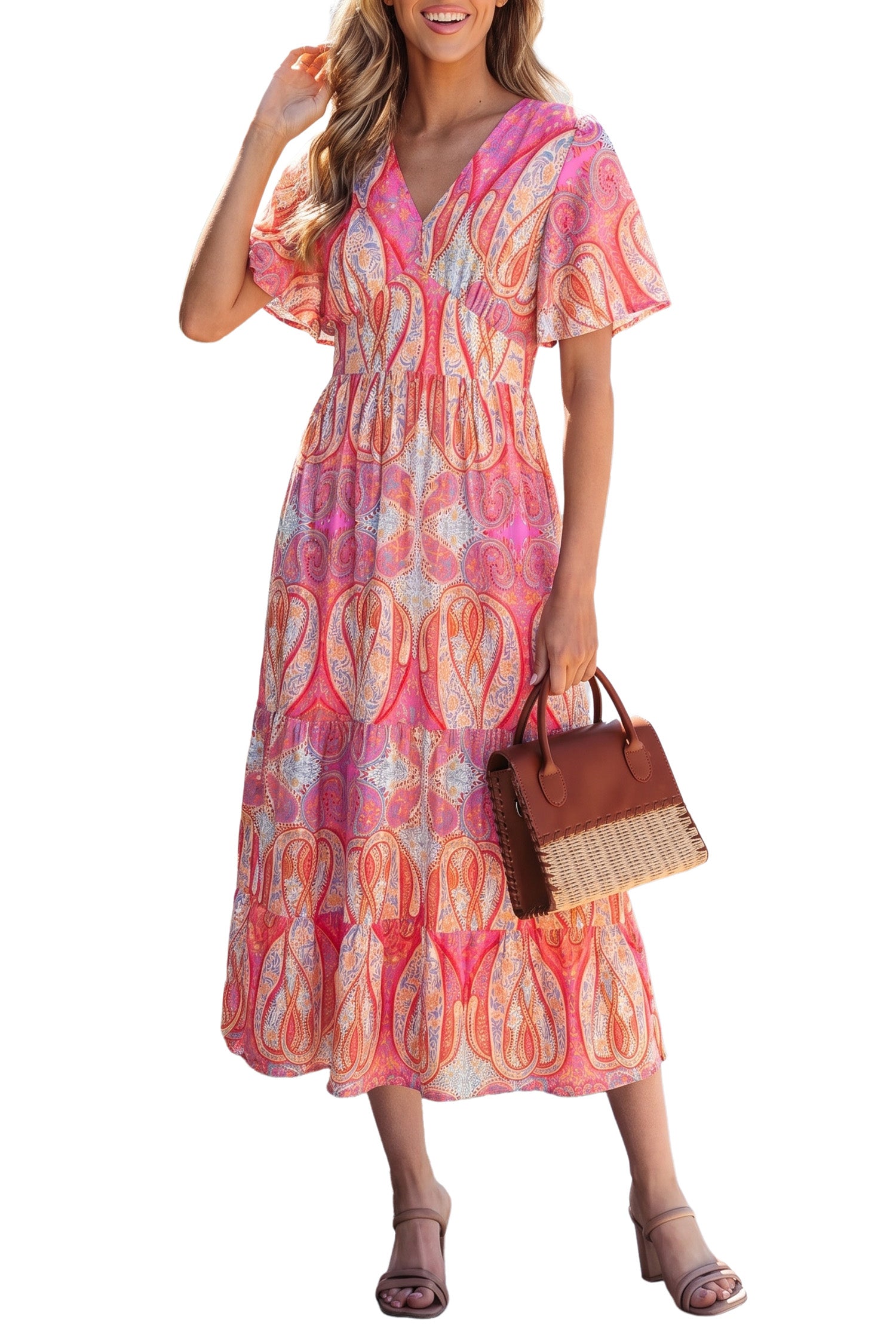 Paisley Print V-Neck Short Sleeve Boho Maxi Dress with Ruffle Details – Multicolour