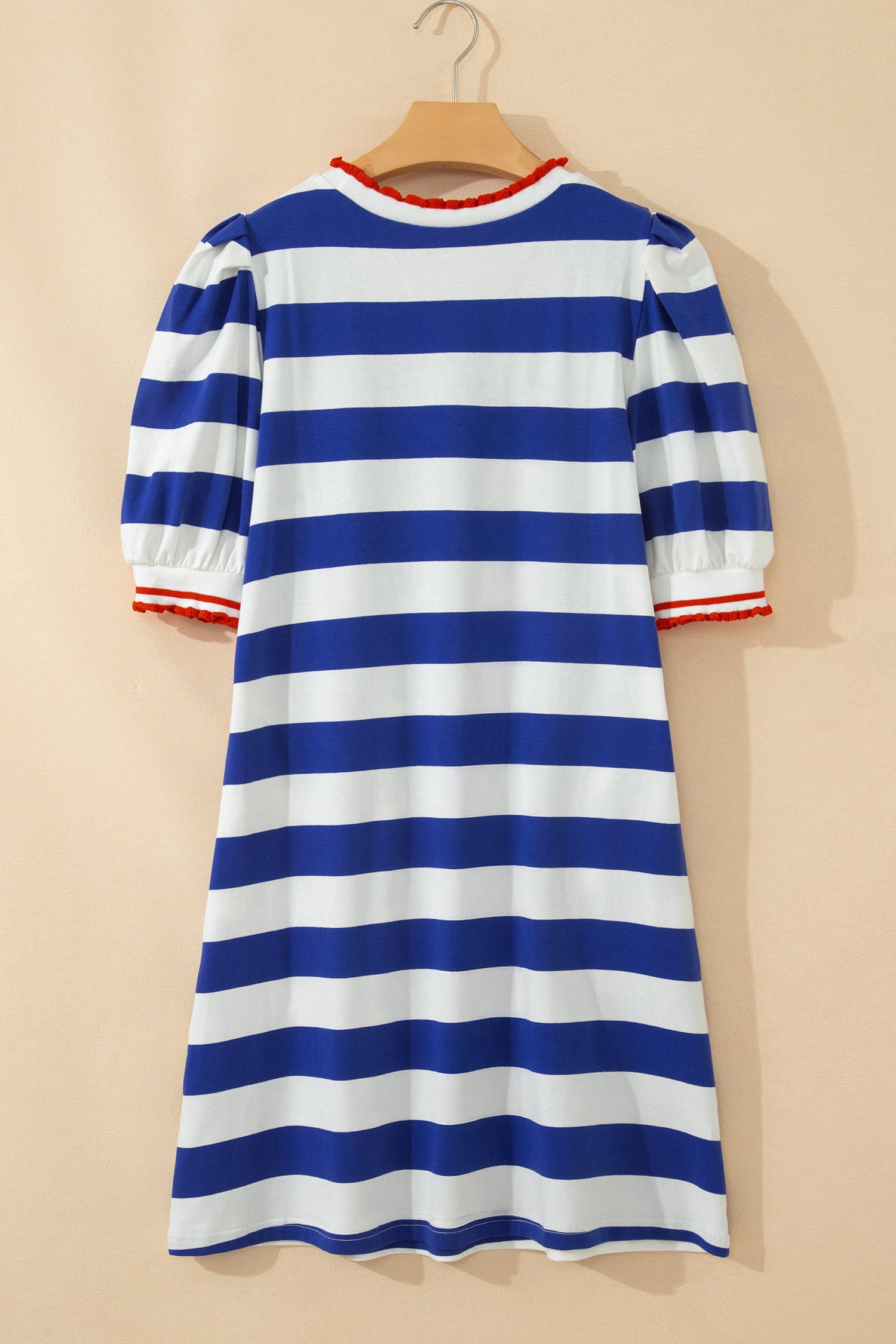 Stripe Contrast Trim Round Neck Short Puff Sleeve Shift Mini Dress