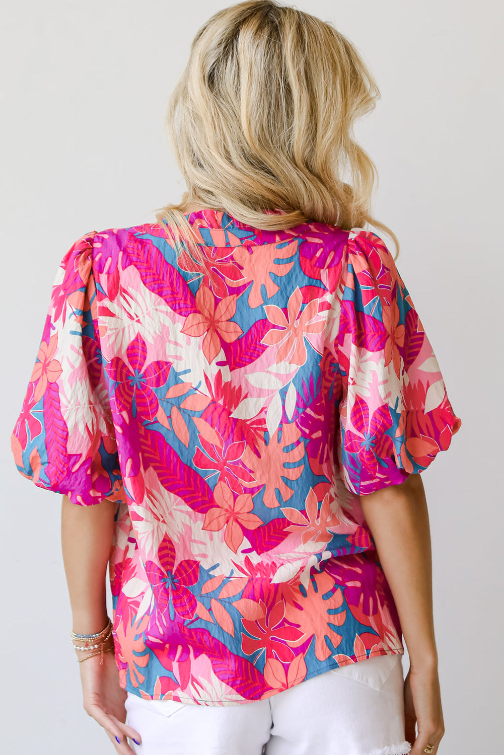 Rose Tropical Plant Printed V Neck Puff Sleeve Blouse eAura