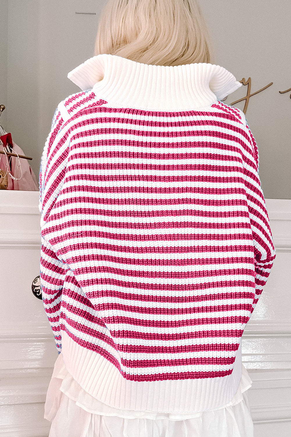 Pink Stripe Zip up Collar Drop Shoulder Sweater eAura