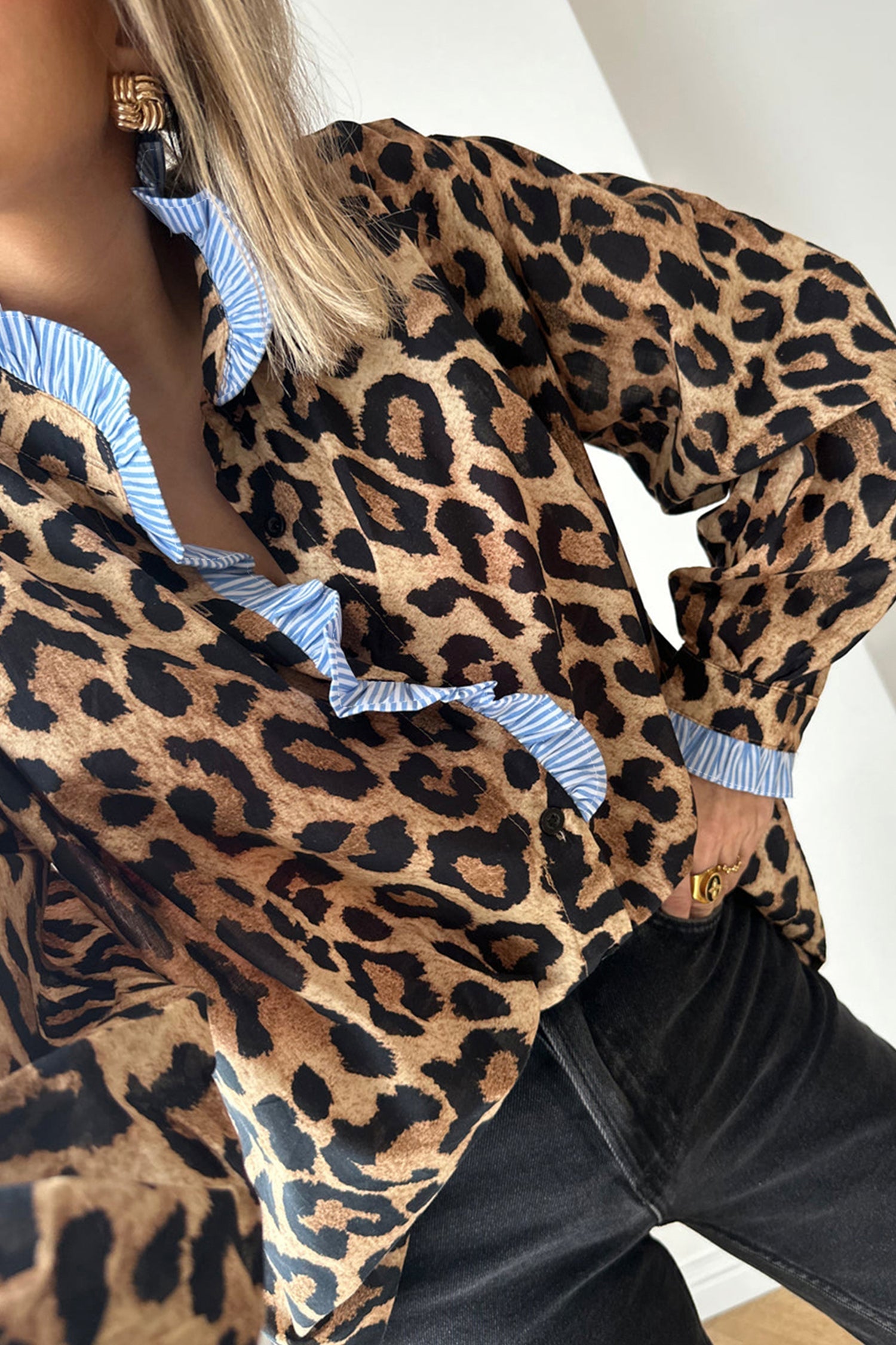Leopard Print Contrast Striped Frilled Trim Chic Shirt - eAura