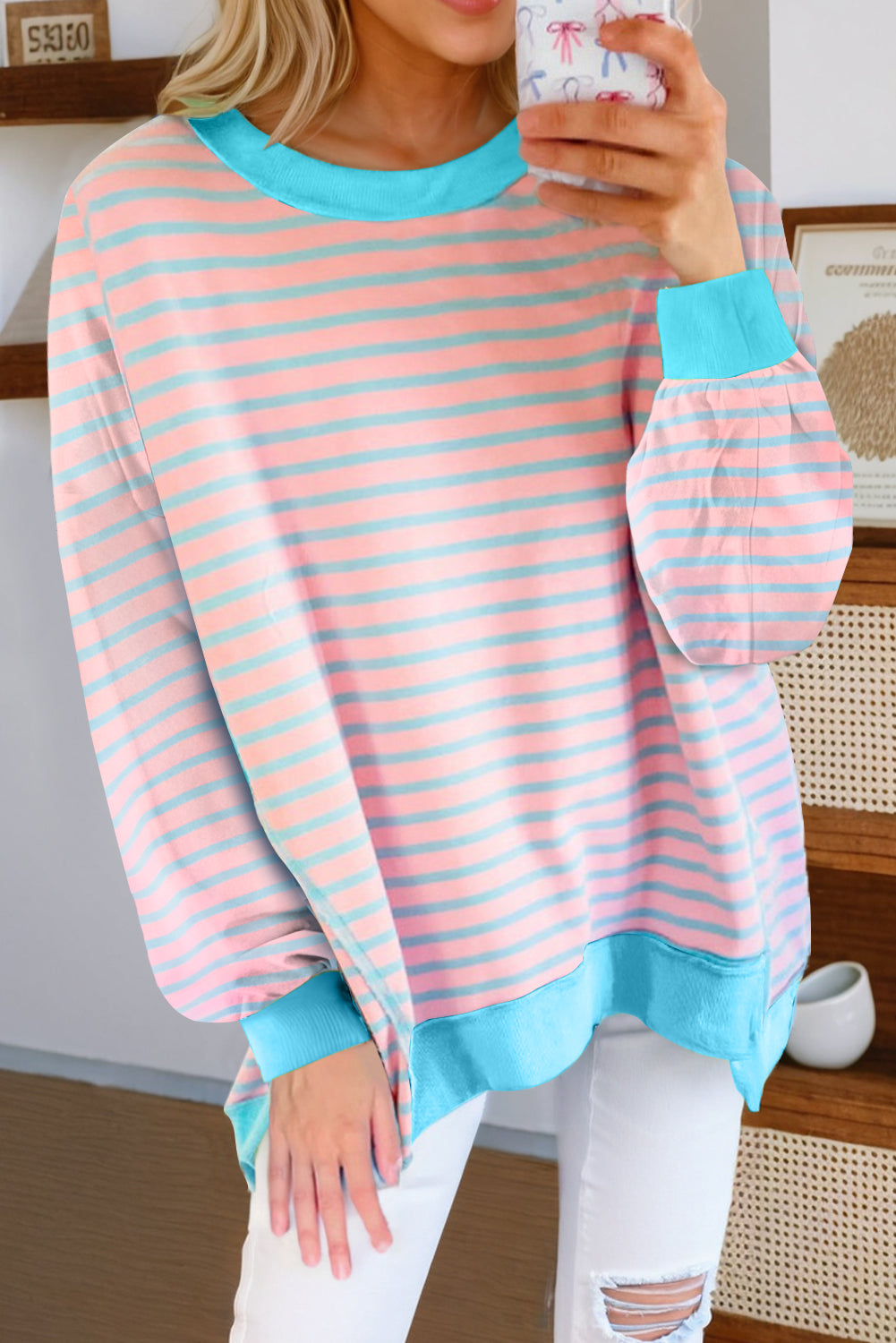Pink Stripe Contrast Trim High Low Pullover Tunic Sweatshirt eAura