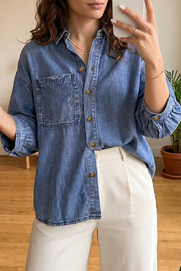 Three Quarter Sleeve Button Front Loose Denim Shirt – Dusk Blue