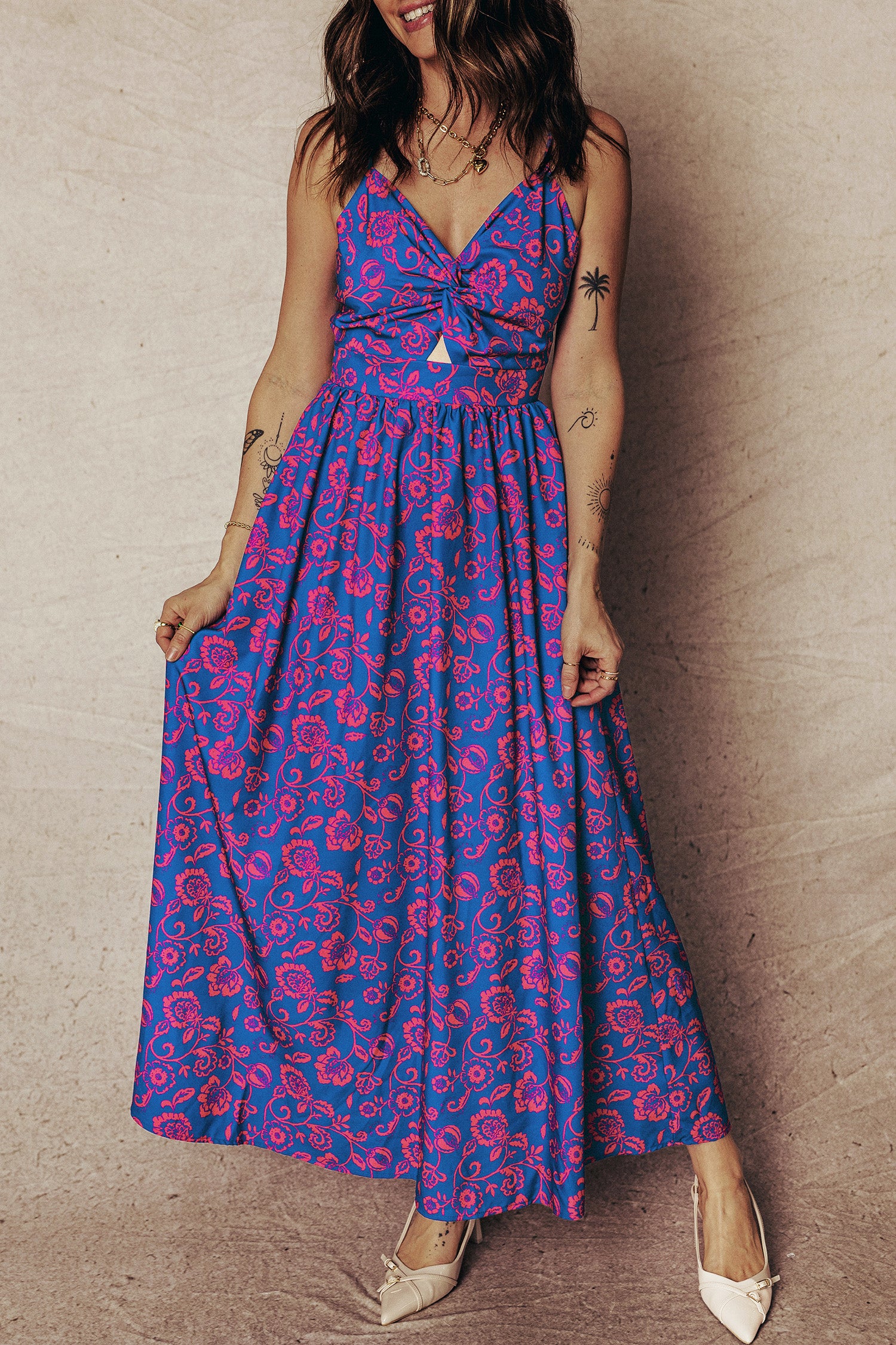 Blue Floral Print Twisted V-Neck Tied Backless Maxi Dress