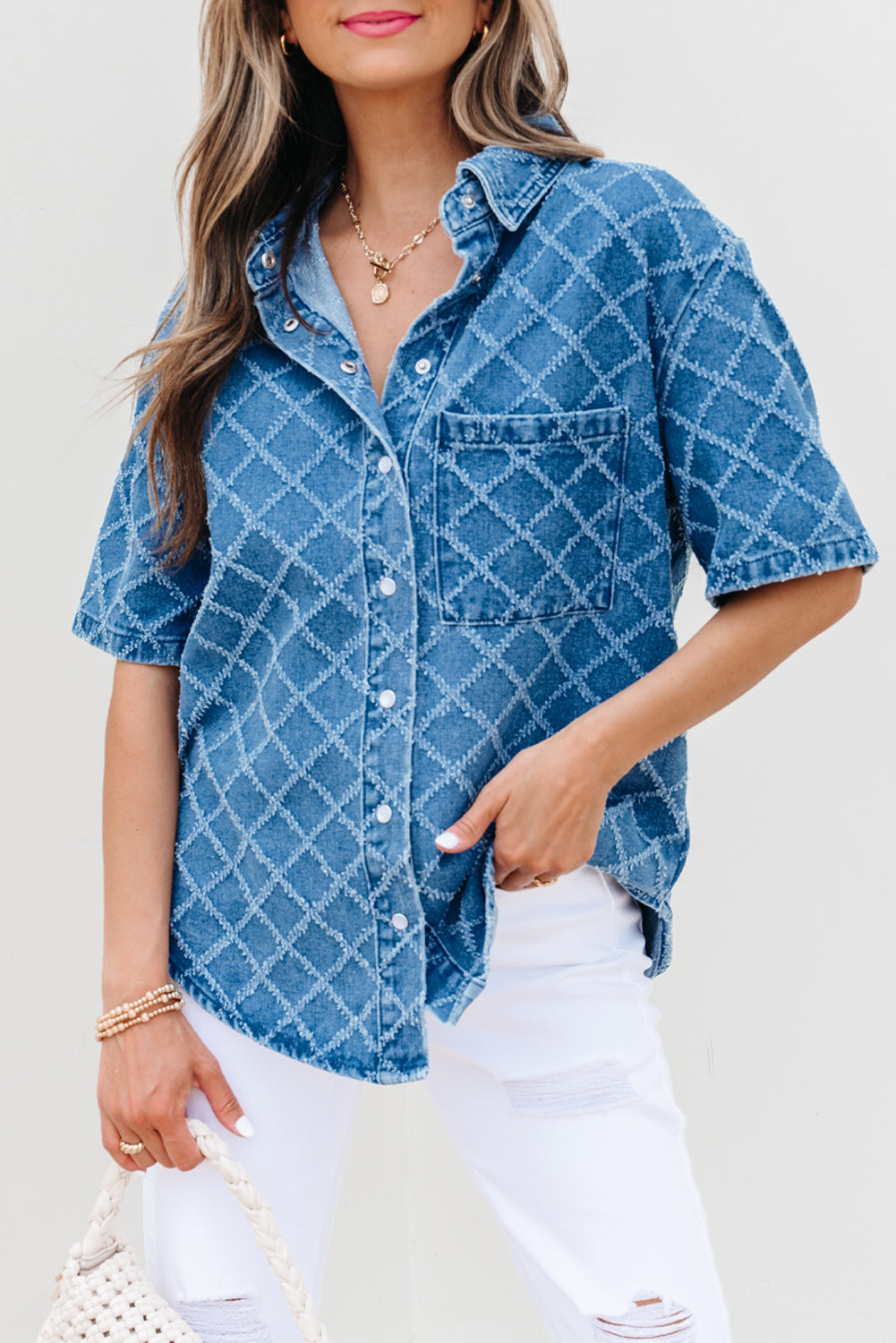 Dusk Blue Checkered Textured Short Sleeve Patched Pocket Denim Shirt eAura