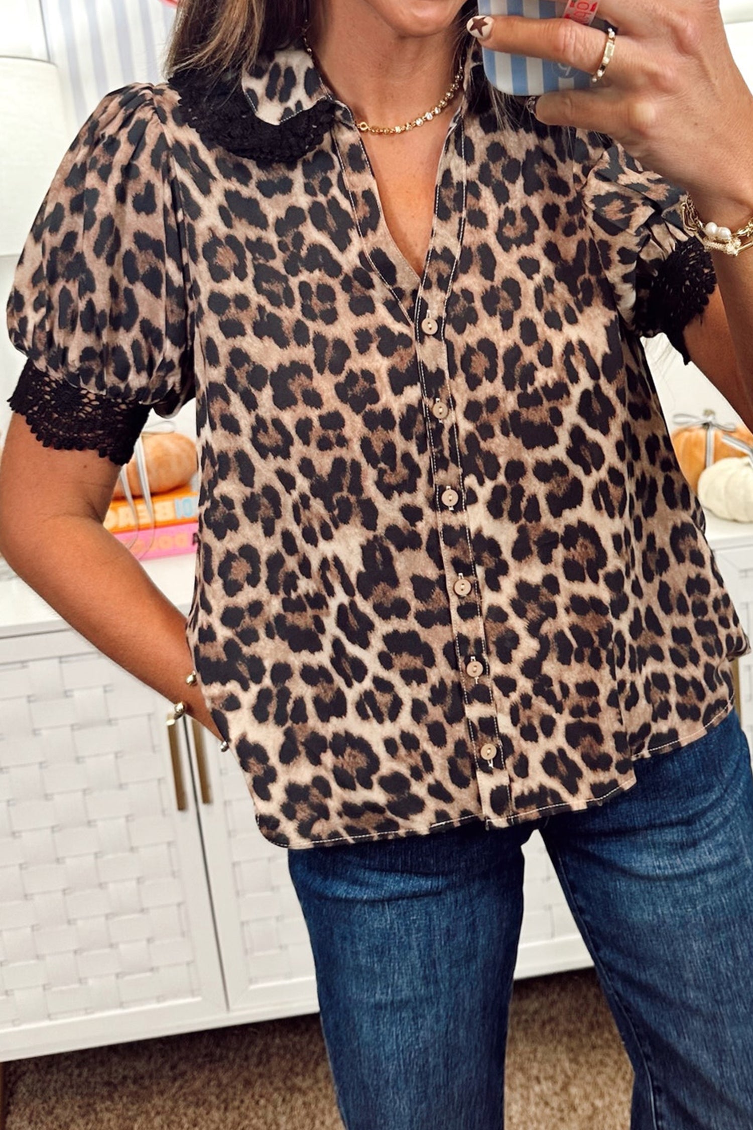 Brown Leopard Print Button Down Lace Trim Short Sleeve Shirt - eAura