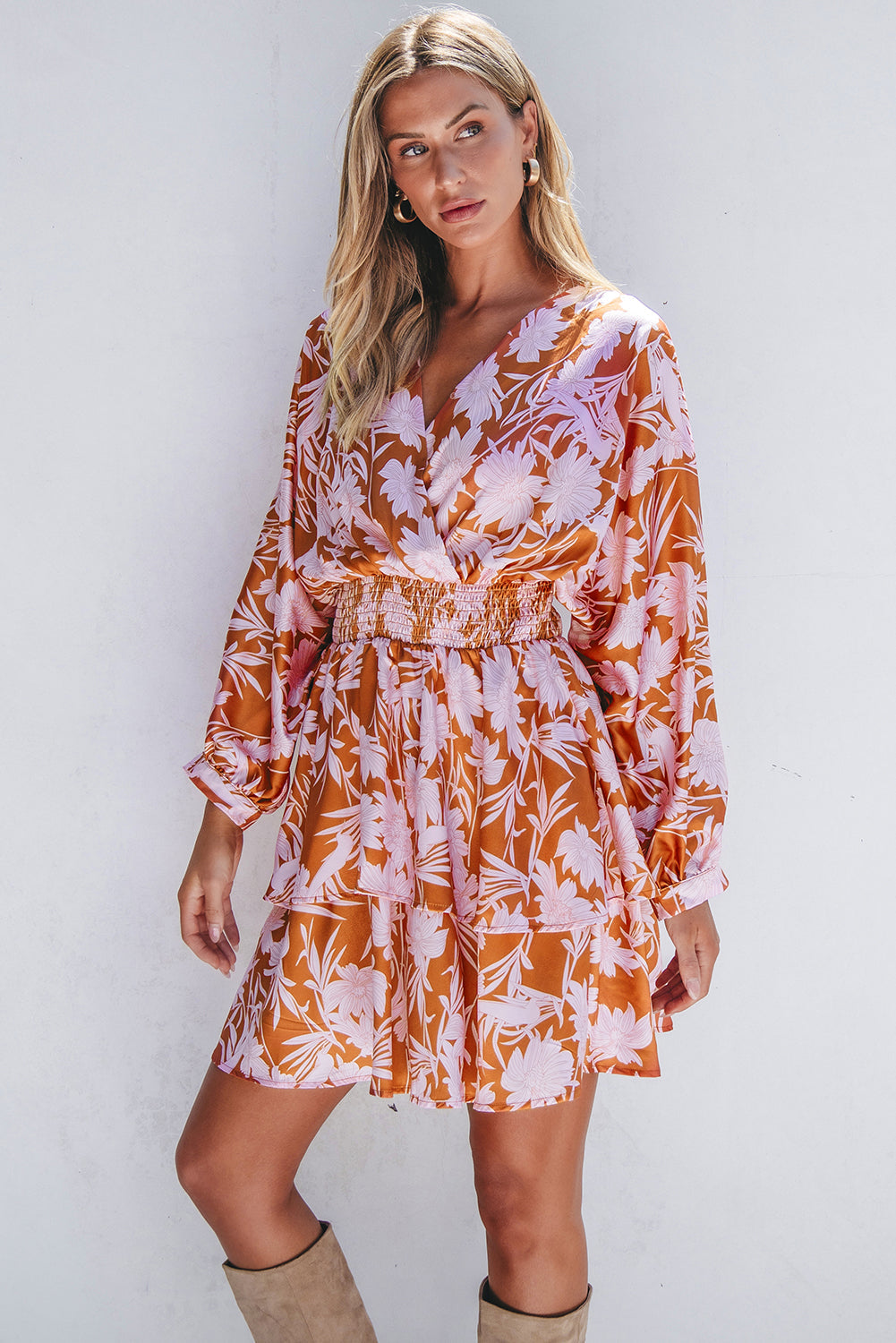 Brown Floral Puff Sleeve Smocked Waist Layered Dress eAura