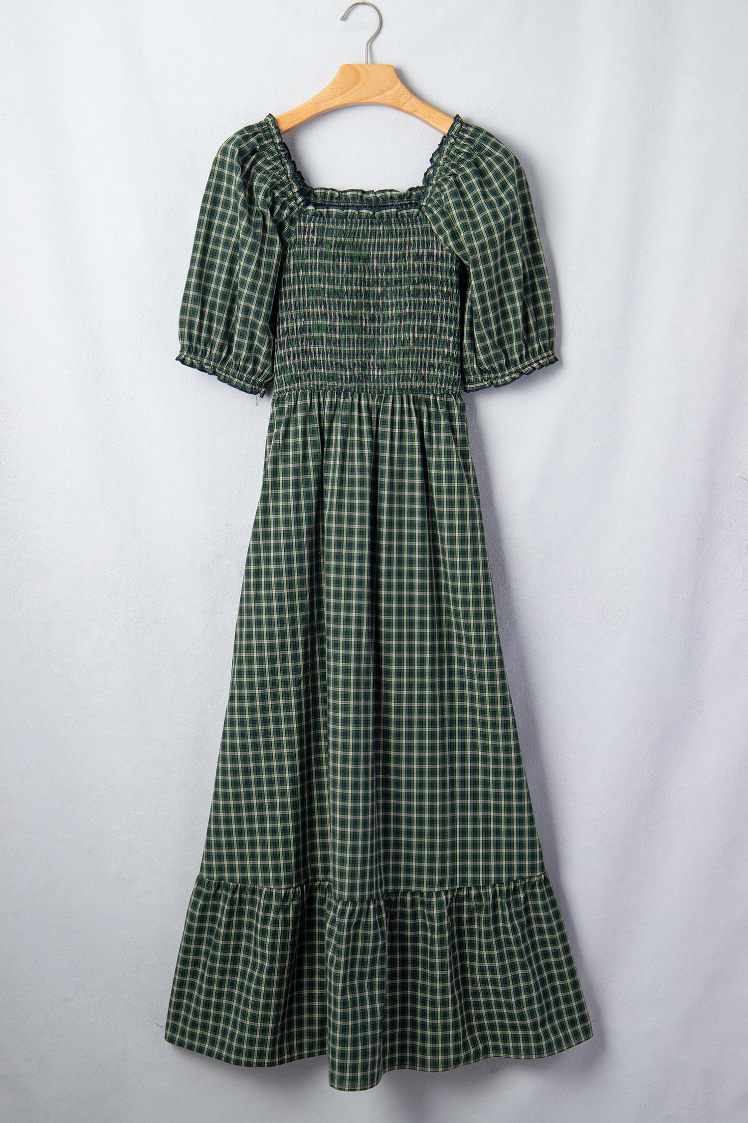 Plaid Square Neck Shirred High Waist Ruffle Hem Dress – Green