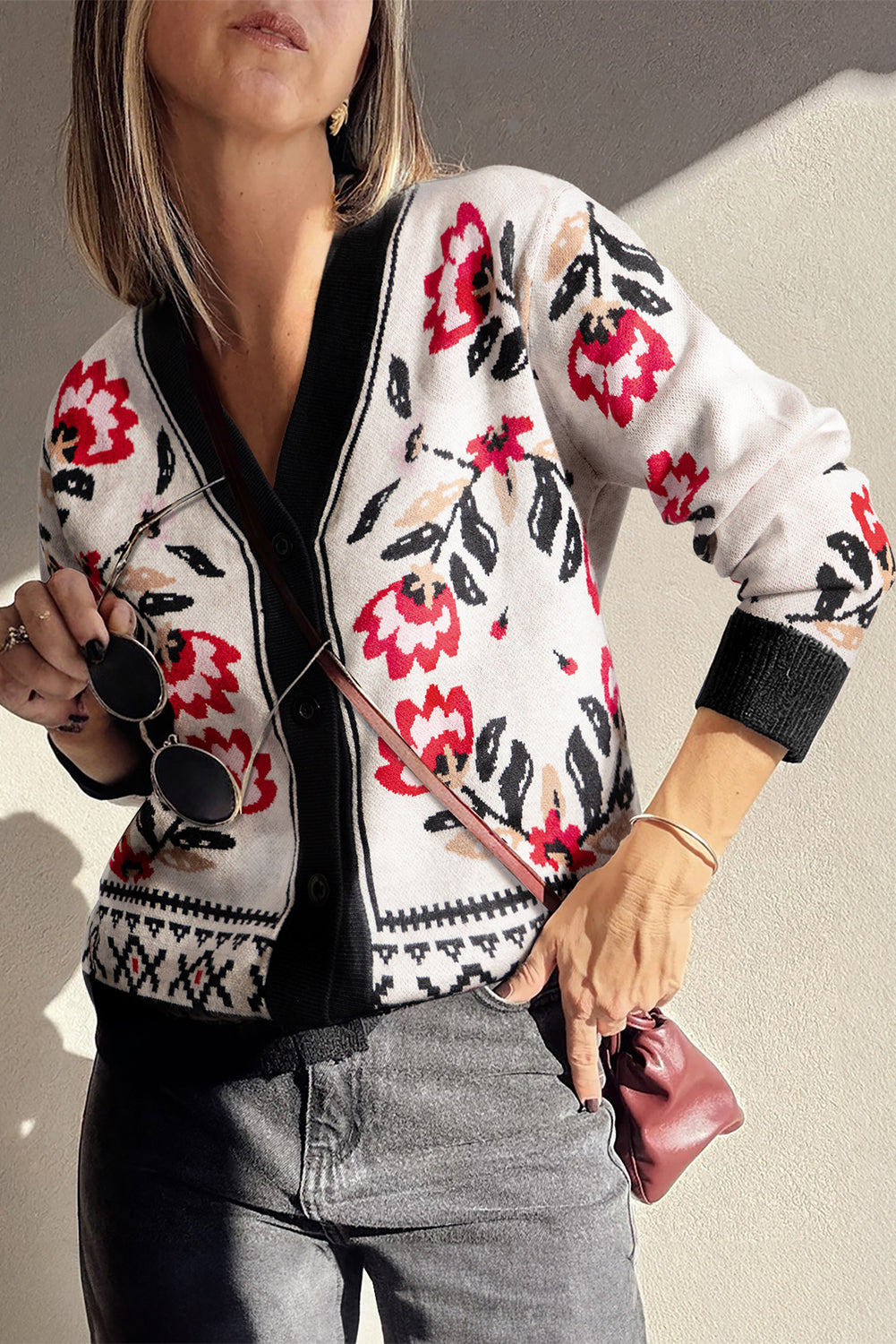 Floral Print Buttoned Front V-Neck Knit Cardigan Dear-Lover Dropshipping