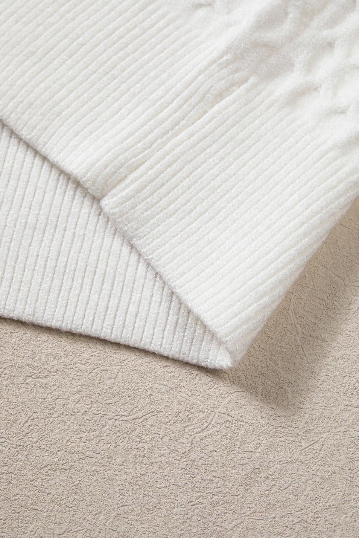 Solid Textured Knit Pearl Embellished Pullover Sweater – White