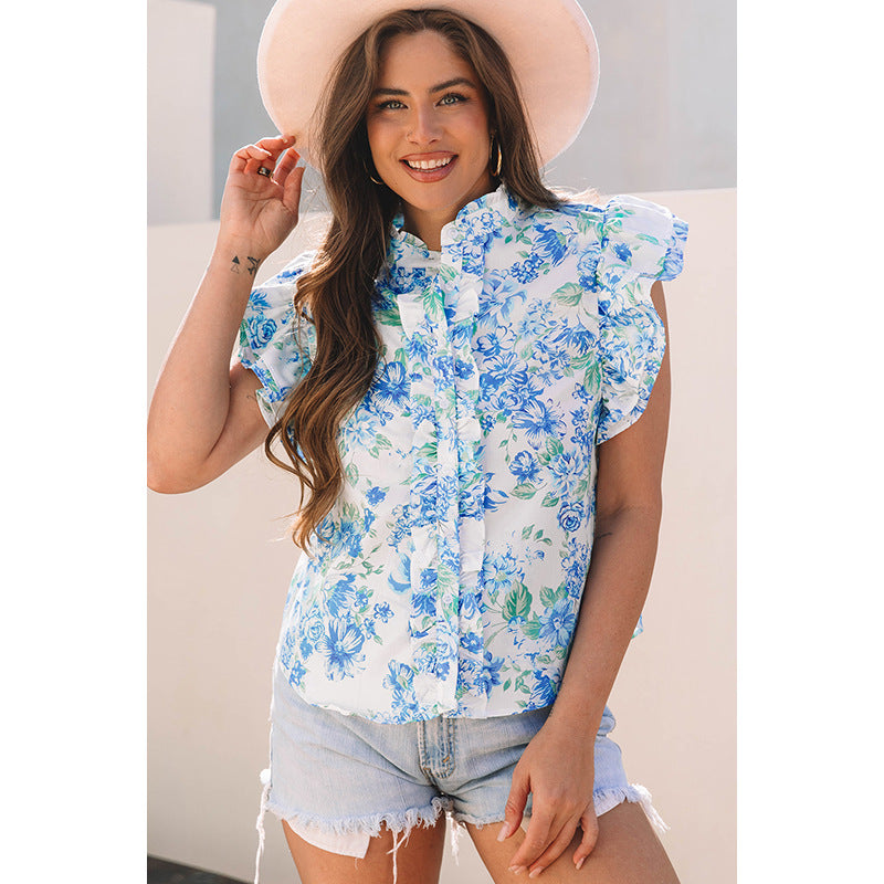 Short Sleeve Blouse Floral Print Cap Sleeves eprolo