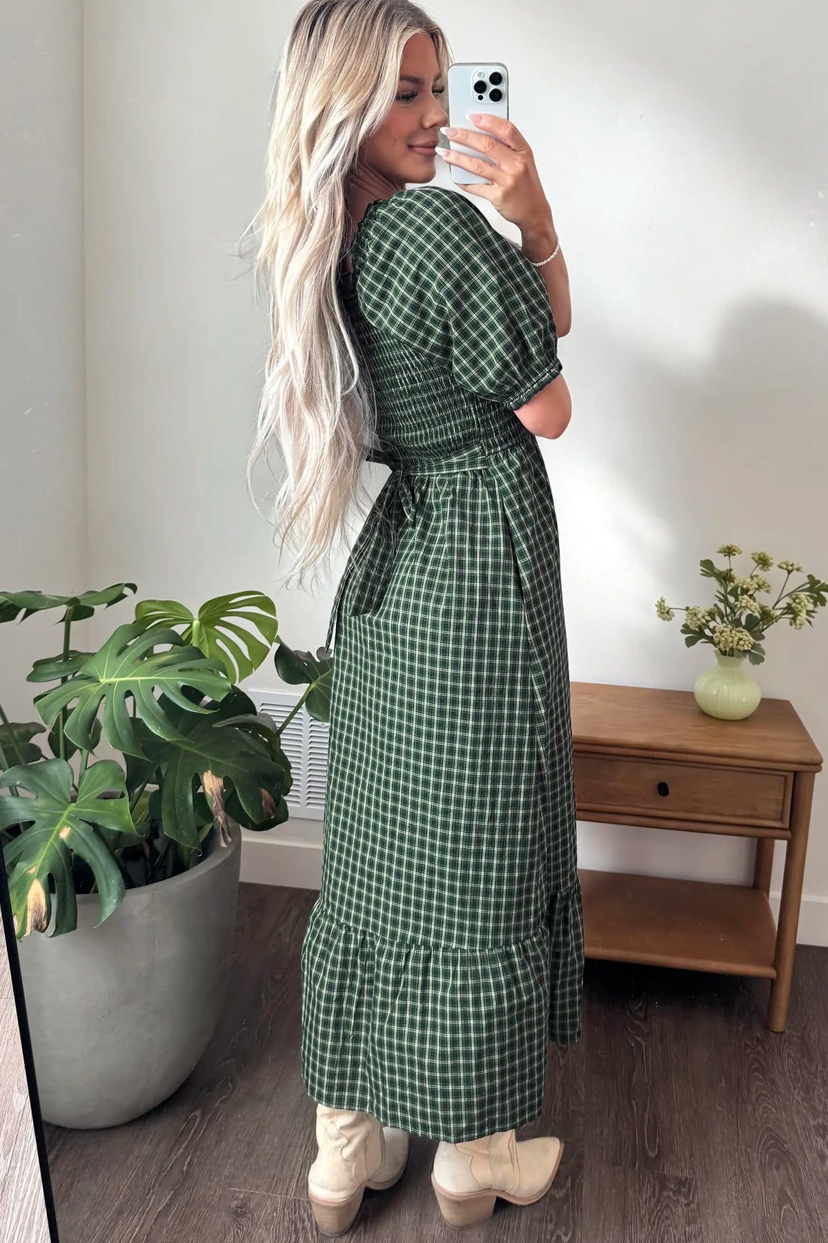Plaid Square Neck Shirred High Waist Ruffle Hem Dress – Green