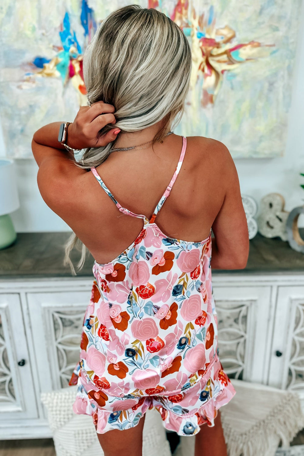 Multicolour Floral V Neck Cami Top and Ruffled Shorts Pyjamas eAura