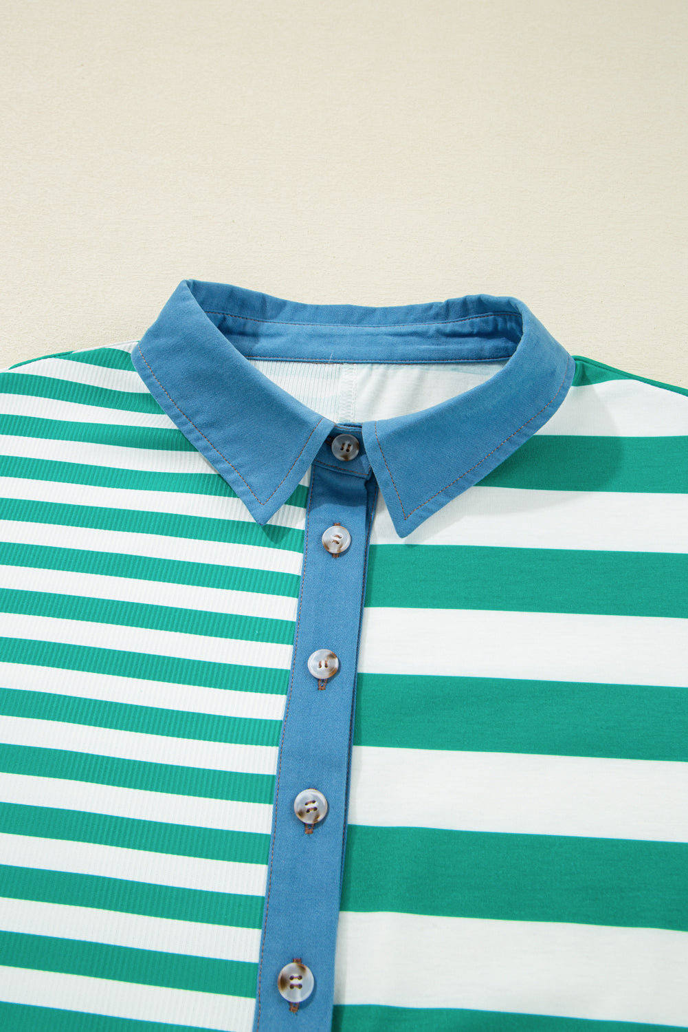 Green Stripe Colourblock Collar Half Buttons T Shirt eAura