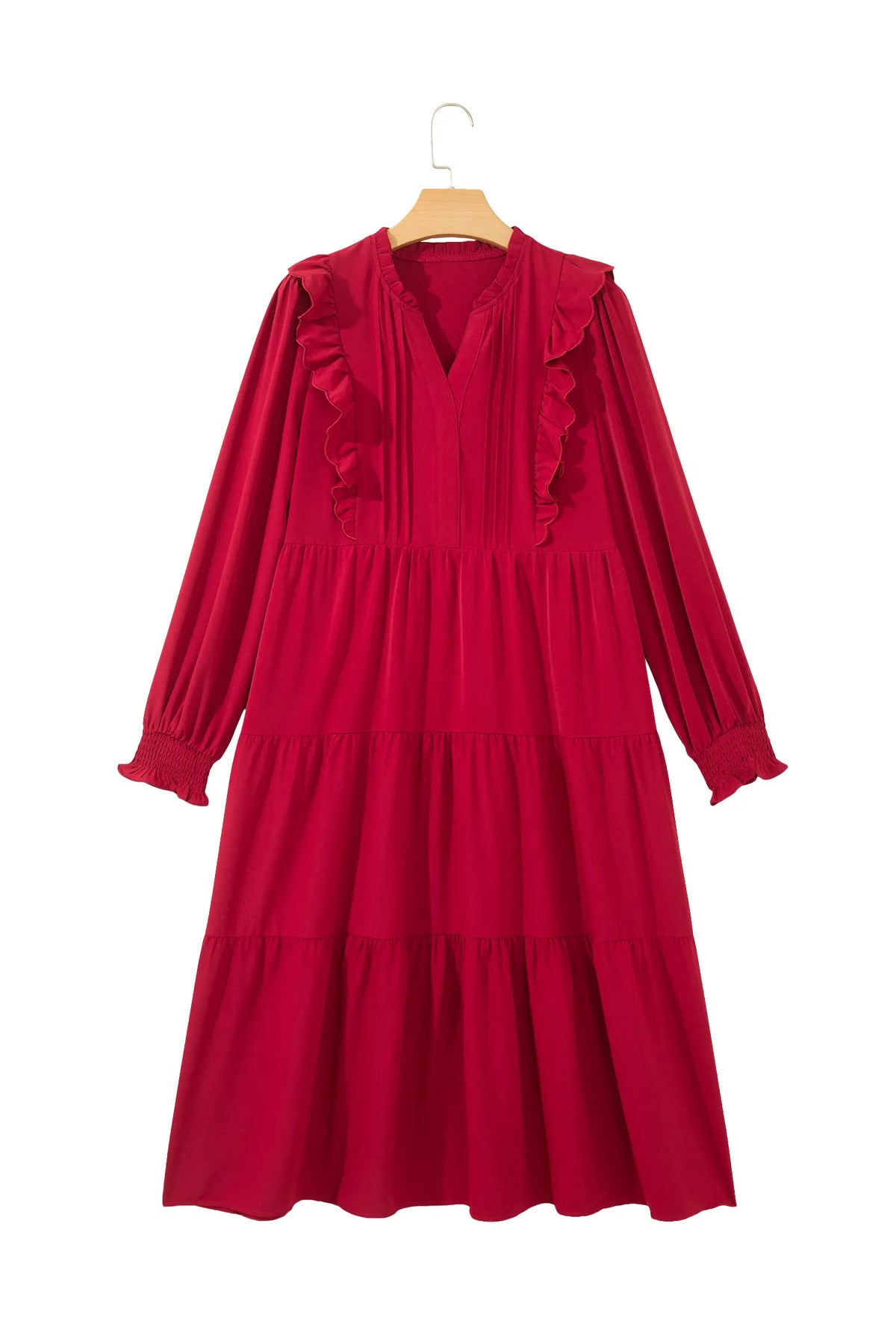 Solid Colour Ruffle Trim Long Sleeve Tiered Shift Midi Dress – Racing Red