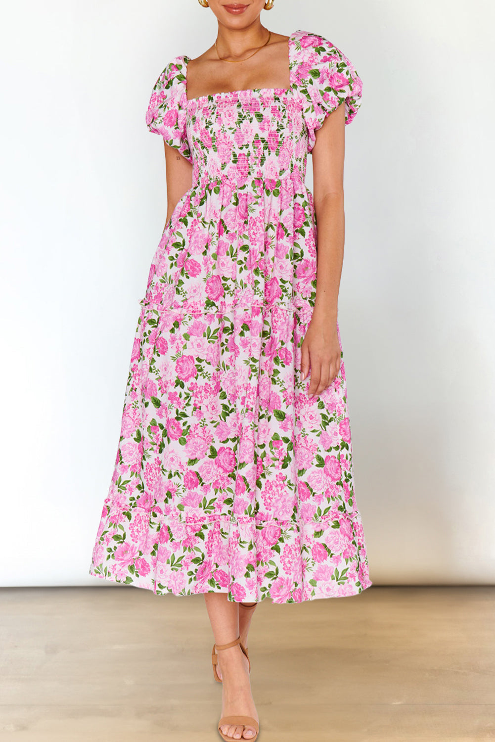 Pink Dainty Floral Smocked Puff Sleeve Flowy Long Dress eAura