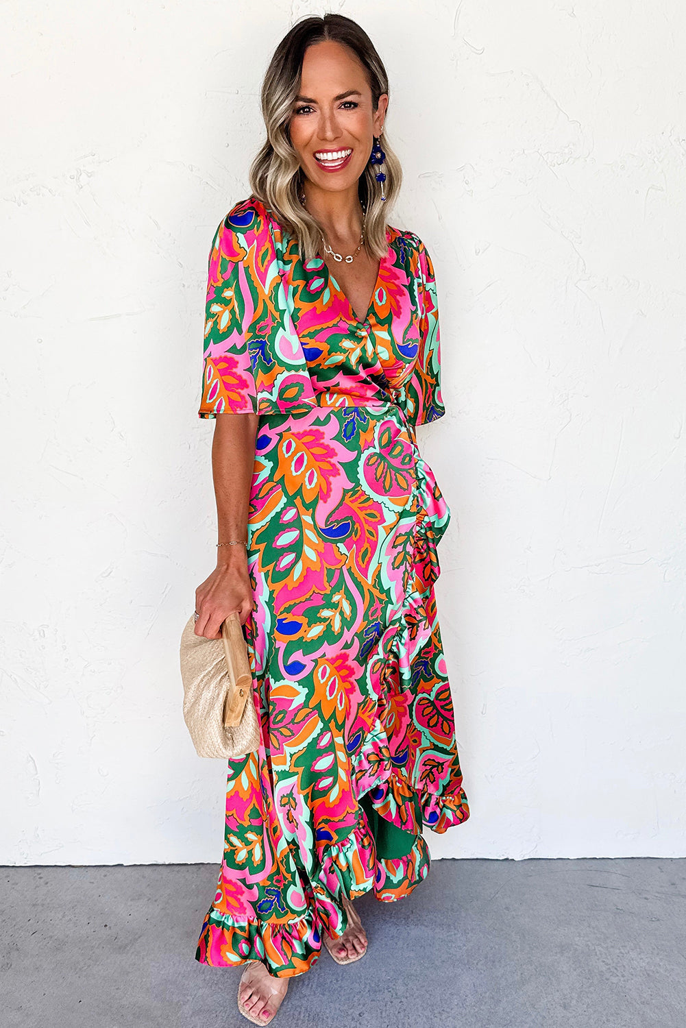 Summer Plant Print V-Neck Ruffled Maxi Dress BB Fashion Outlet