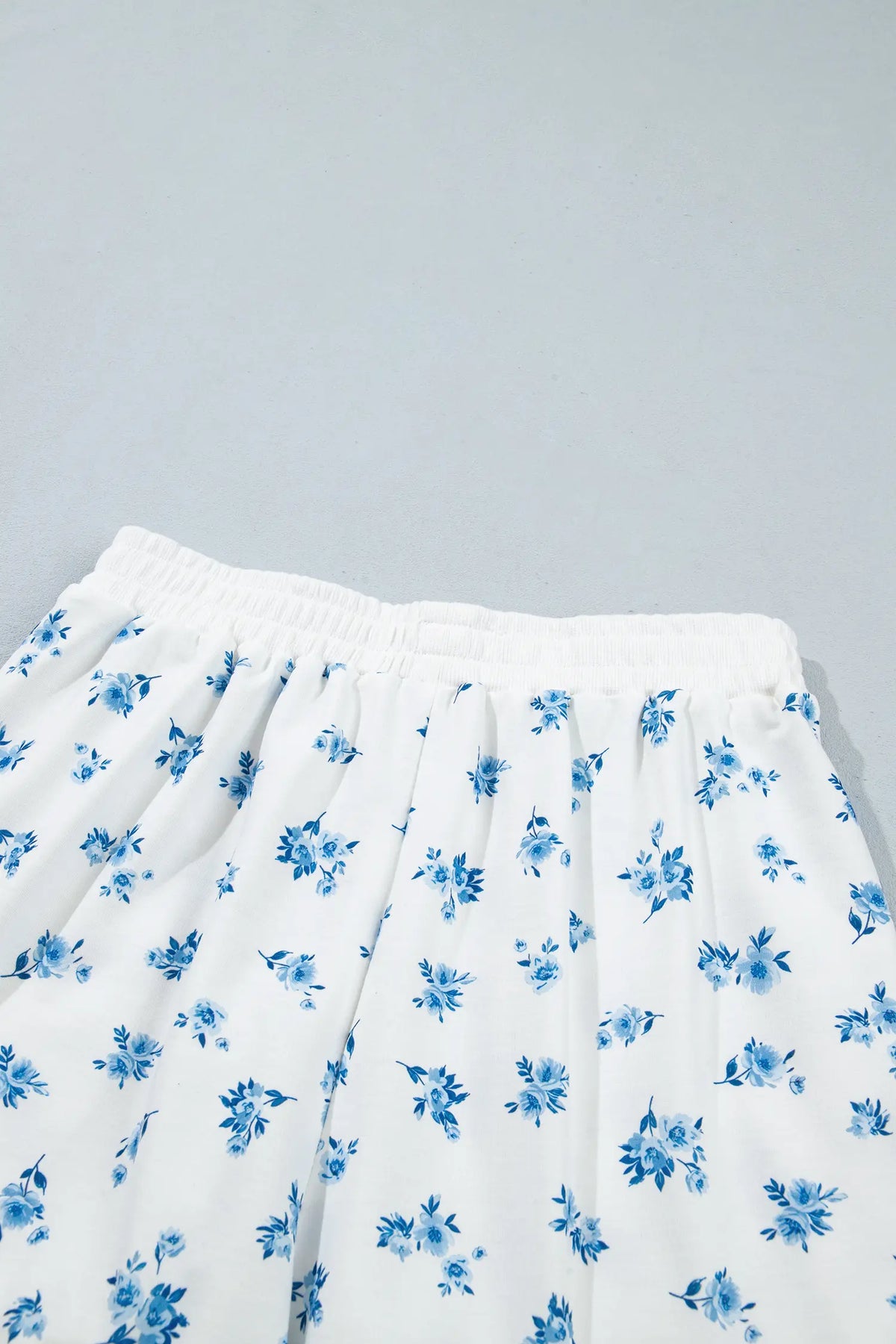 Floral Print Long Sleeve Top Elastic Waist Ruffle Hem Shorts 2pcs Set – Sky Blue