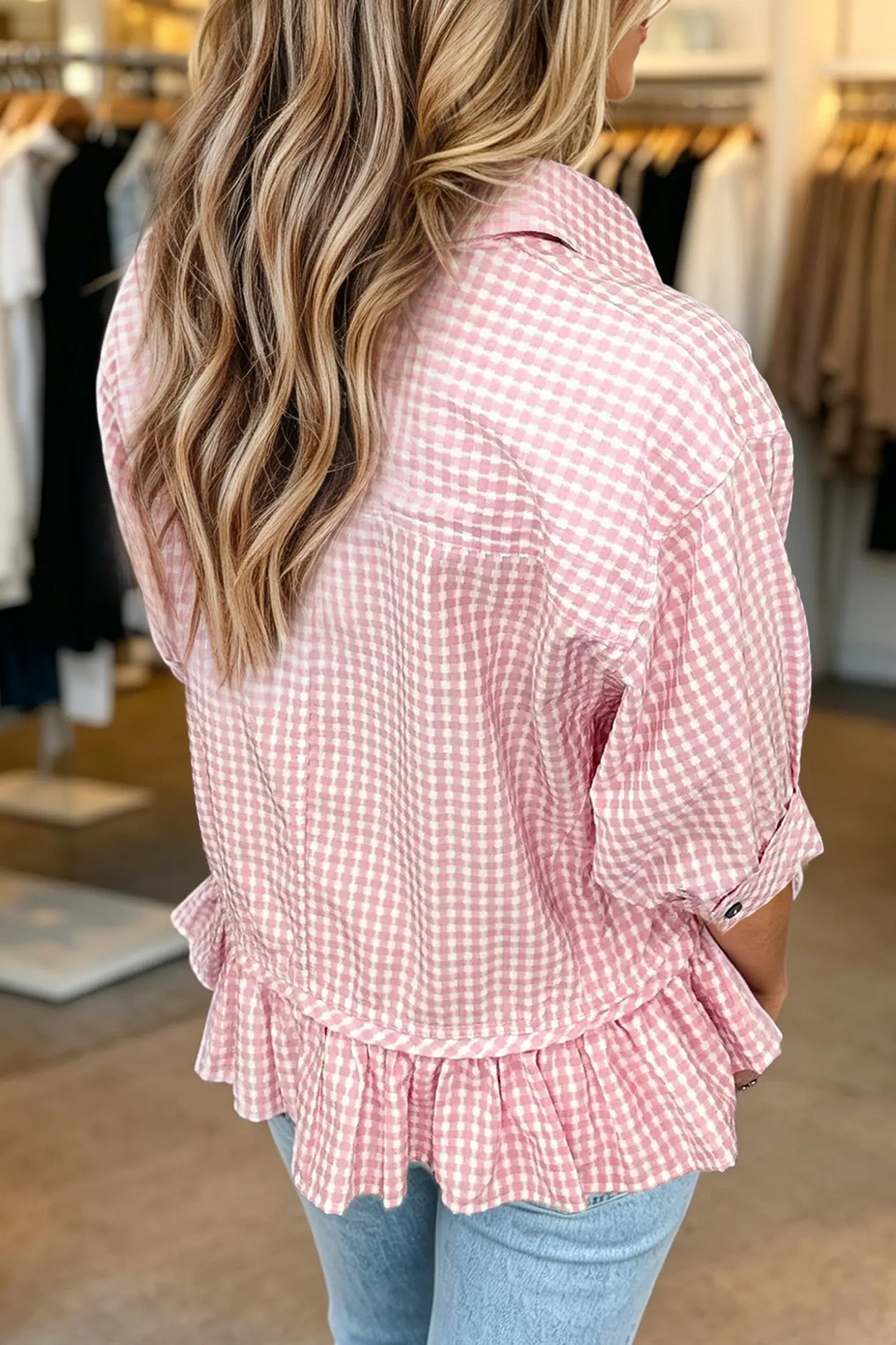 Plaid Half Sleeve Ruffle Hem Button Down Shirt – Pink