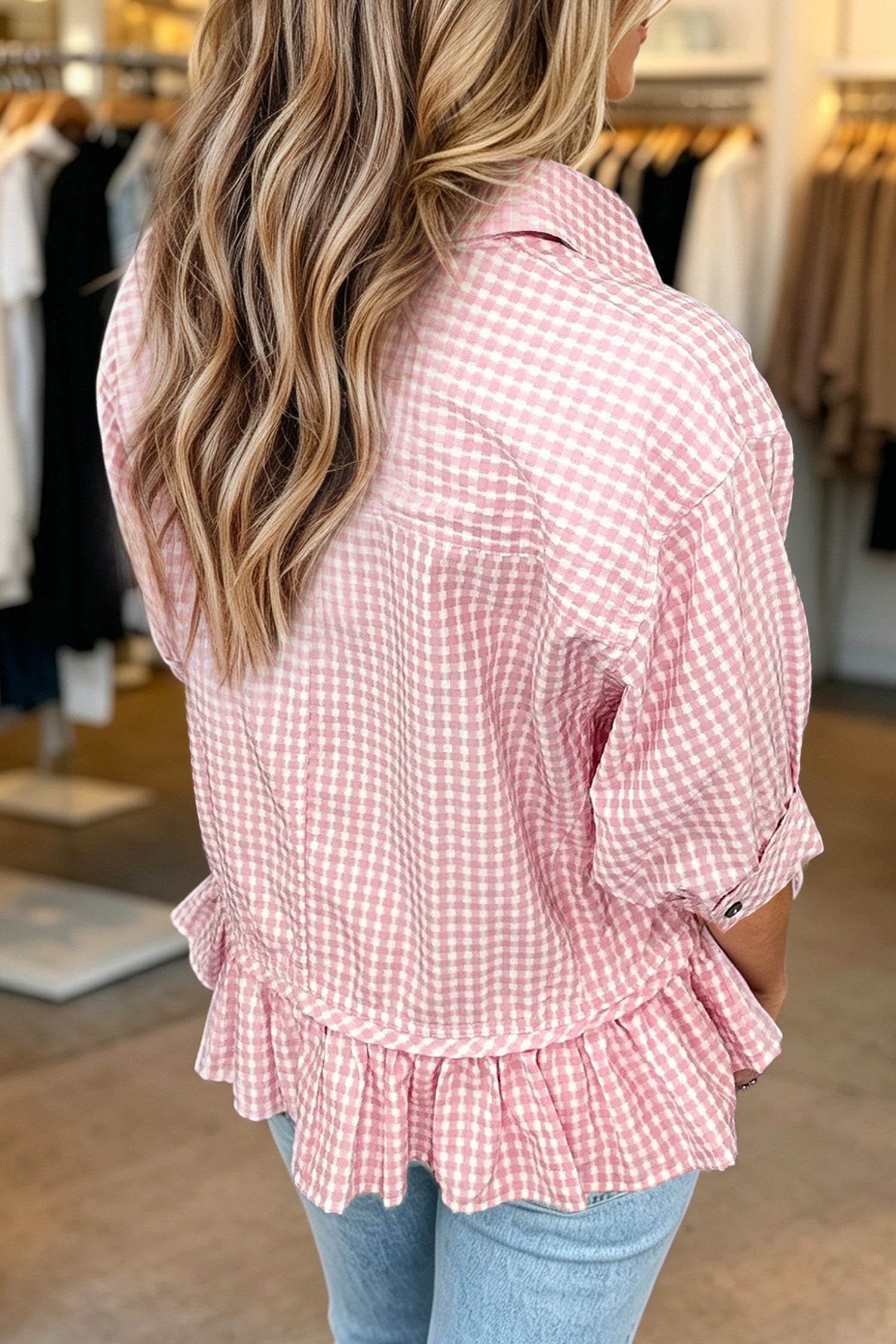 Plaid Half Sleeve Ruffle Hem Button Down Shirt – Pink