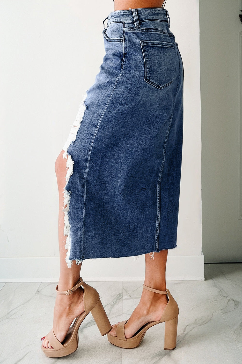 Irregular Distressed Bottom Denim Midi Skirt