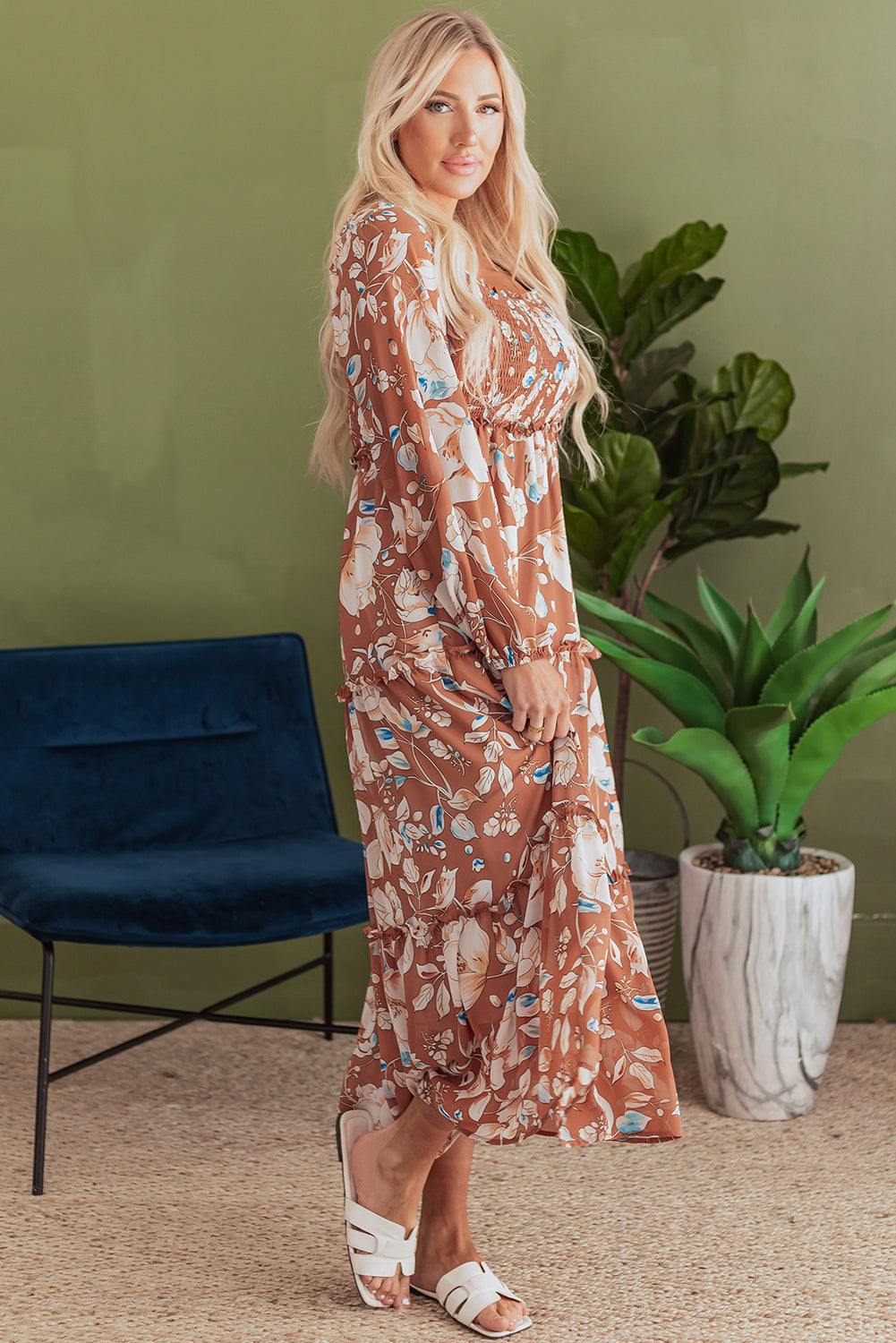 Brown Floral Print Shirred Square Neck High Waist Maxi Dress BB Fashion Outlet