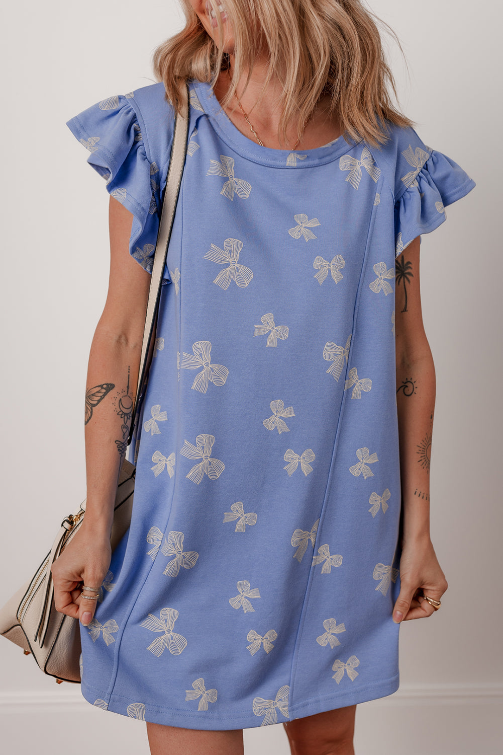 Sky Blue Bow Knot Print Crewneck Ruffled Sleeve Shift Mini Dress eAura
