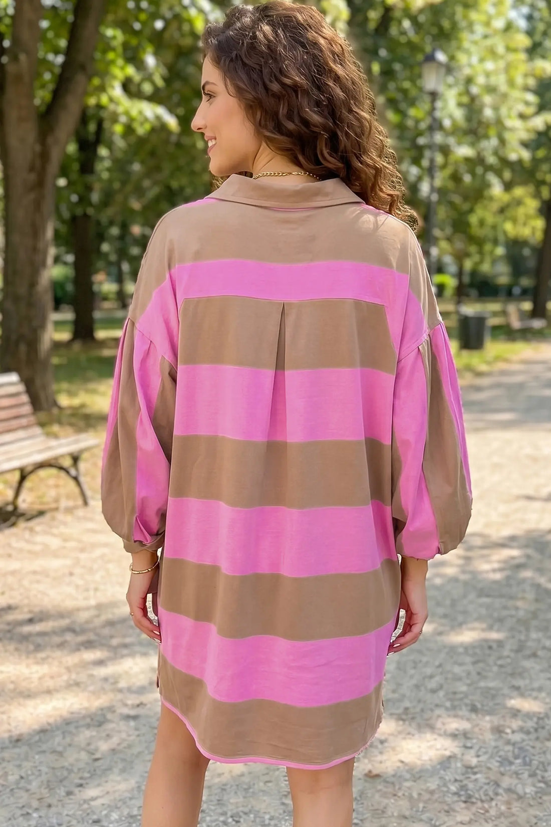Striped Button Long Sleeve Short Shift Dress – Rose Stripe