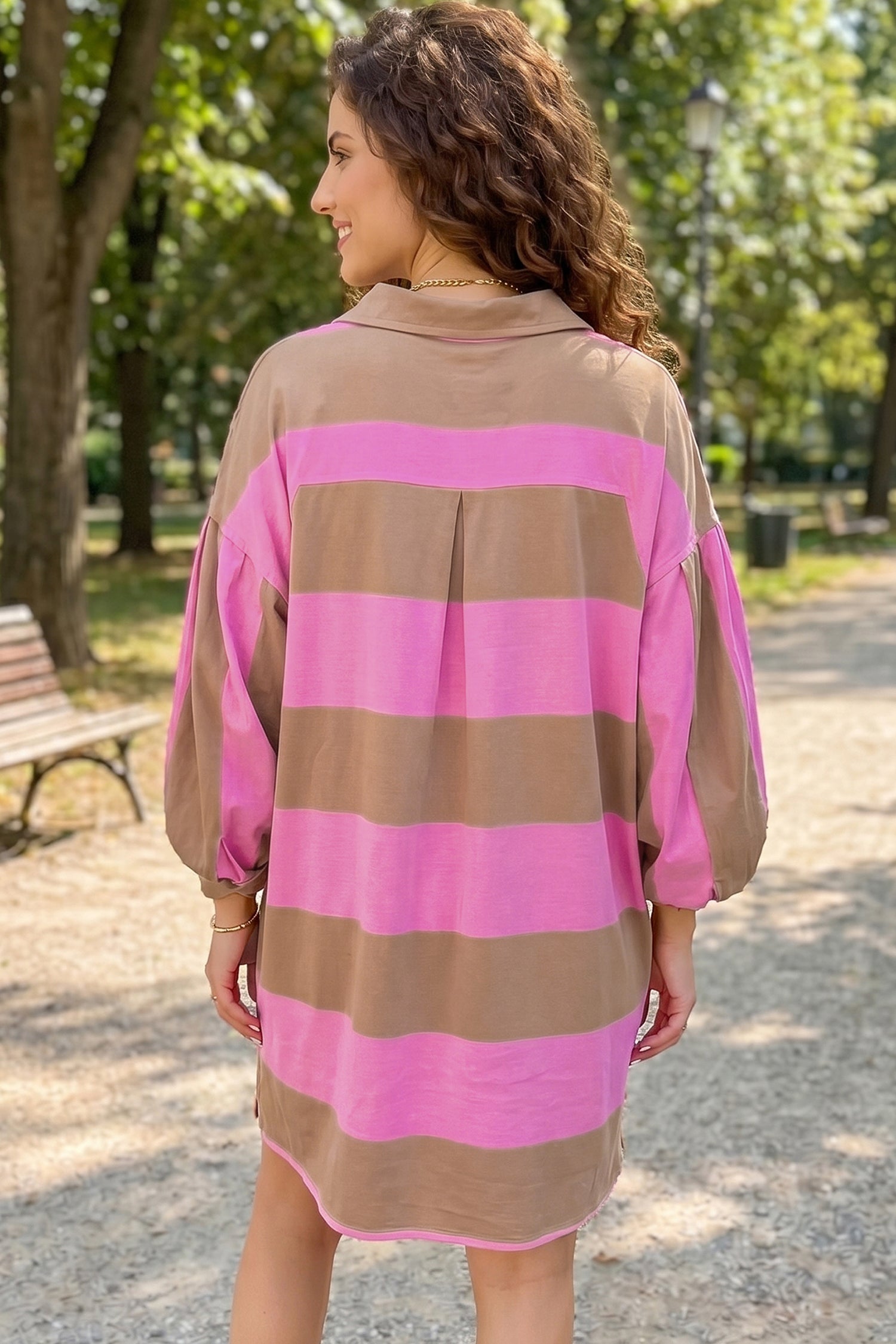 Striped Button Long Sleeve Short Shift Dress – Rose Stripe
