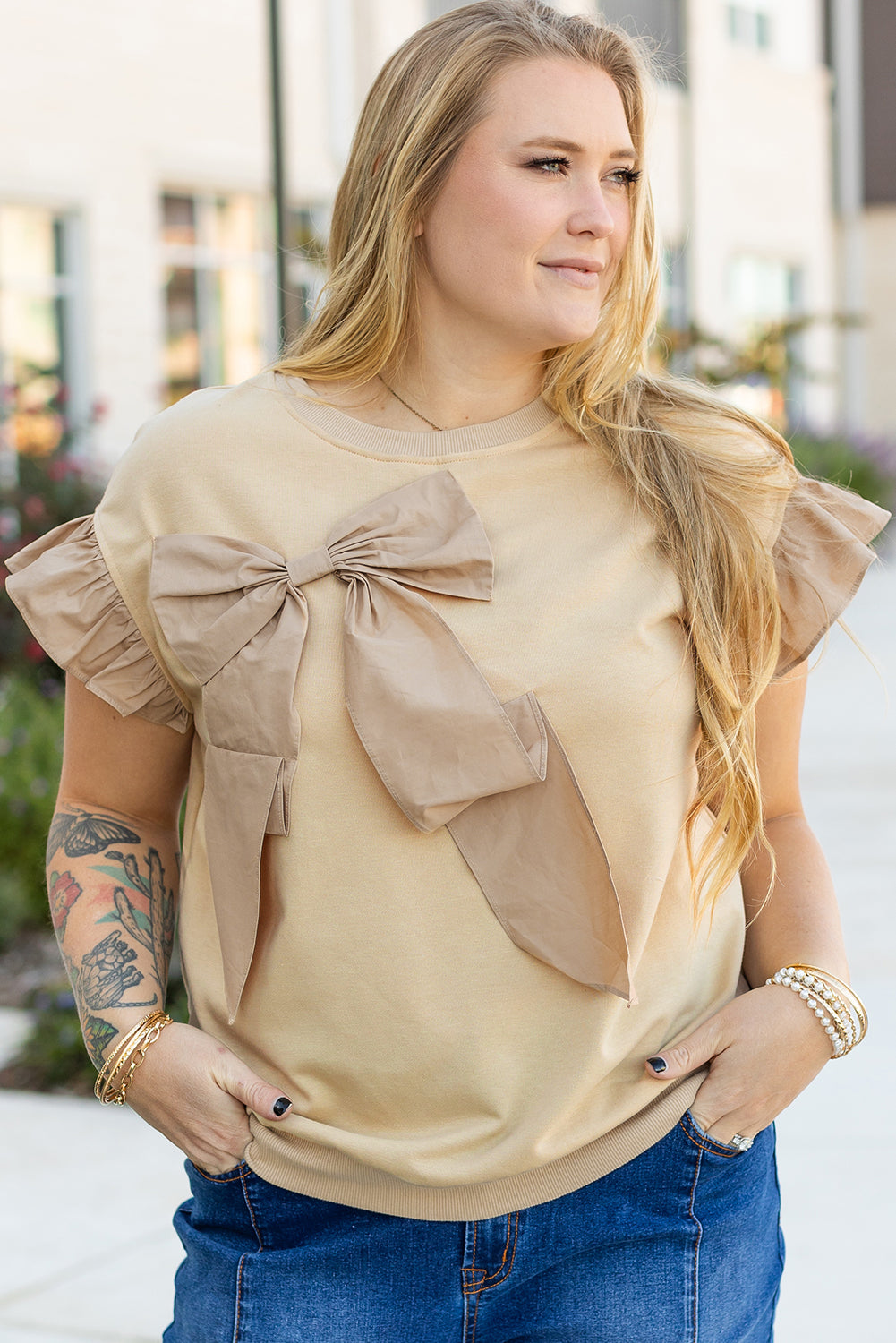 Parchment Ruffled Short Sleeve Bowknot Applique Crew Neck Plus Size Top BB Fashion Outlet