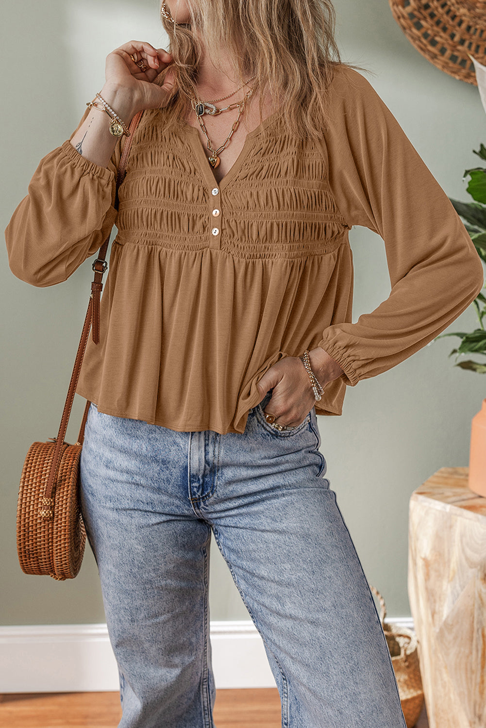 Smocked Bust Buttoned Split V Neck Flow Fit Blouse - eAura