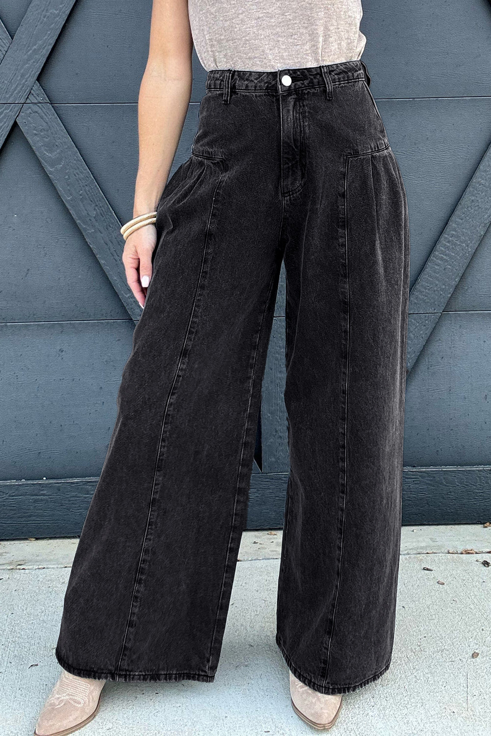 Pleated Wide Leg Mineral Wash Denim Pants - eAura