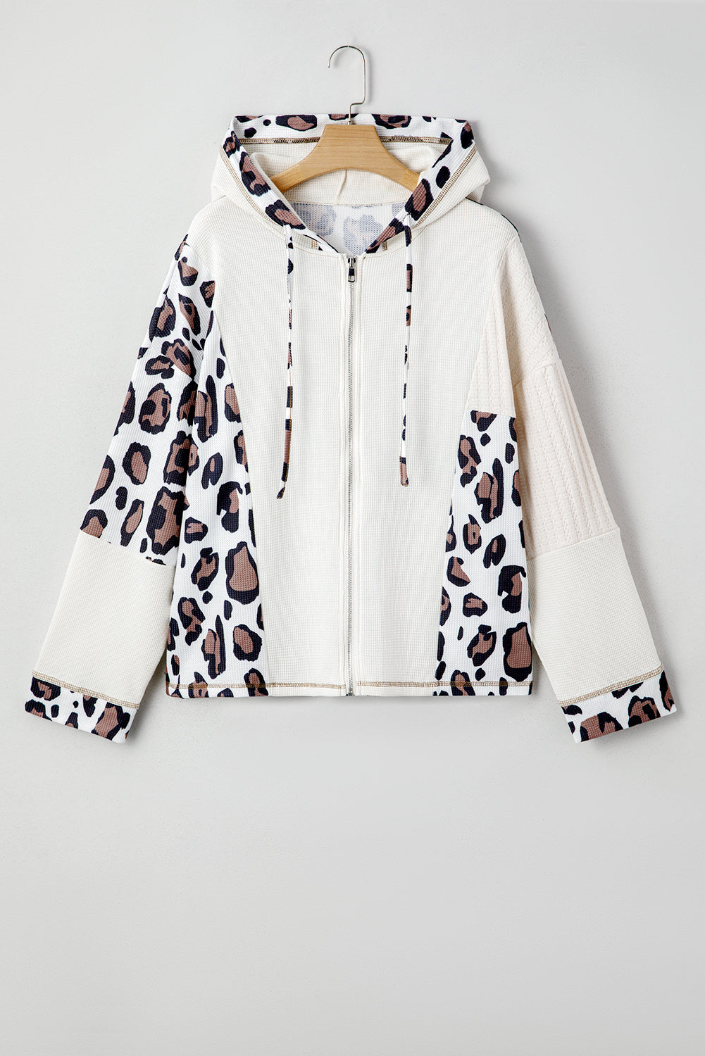 Oversized Leopard Contrast Mixed Texture Patchwork Zip-Up Drop Shoulder Hoodie - eAura