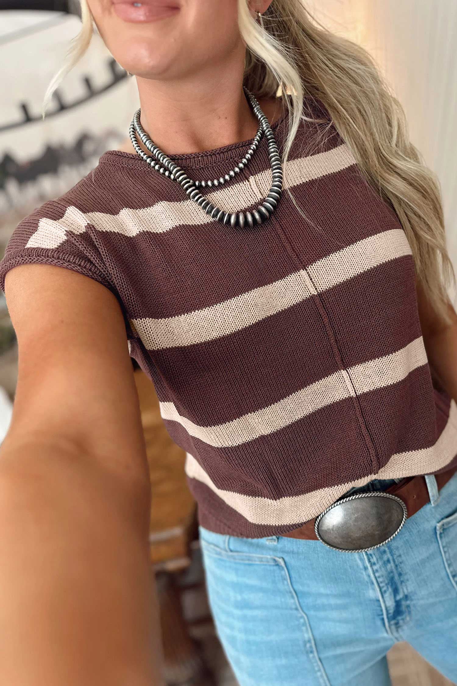 Knit Western Short Sleeve Sweater – Brown Stripe