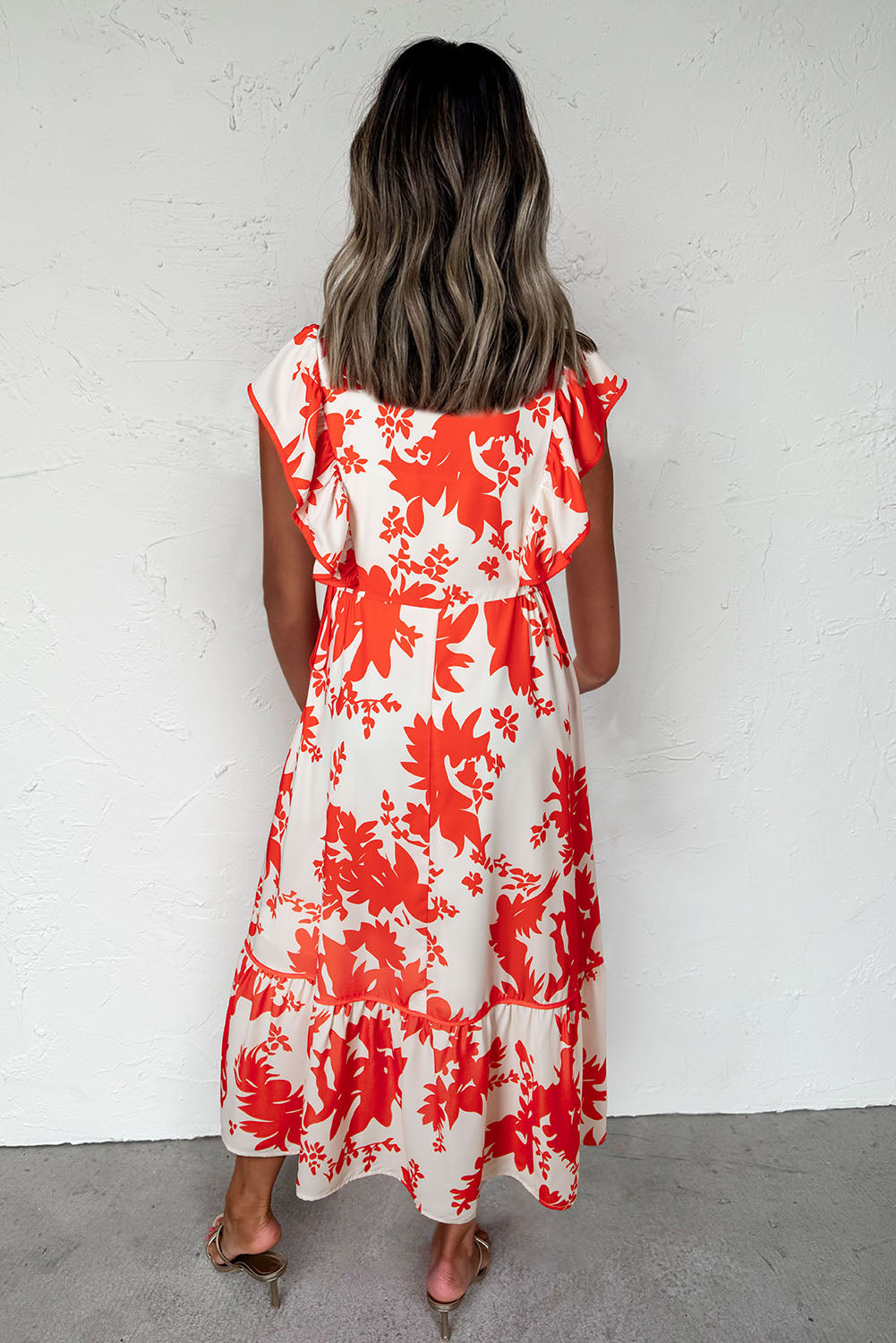 Red Floral Print Trimmed V-Neck Ruffle Sleeve Long Dress eAura