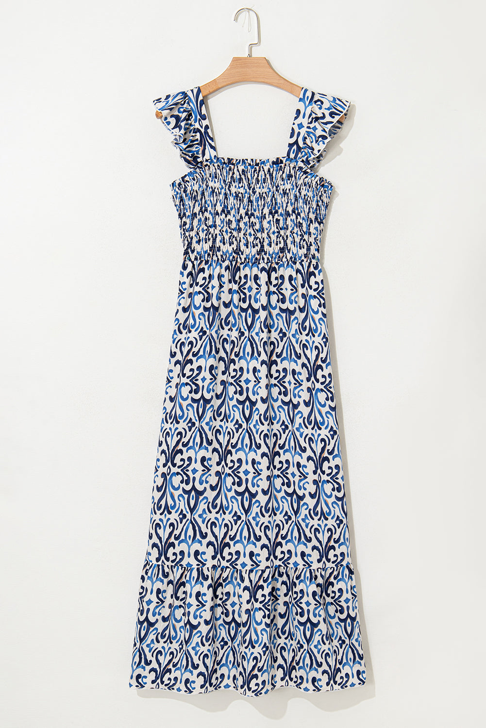 Sky Blue Boho Print Smocked Maxi Dress eAura