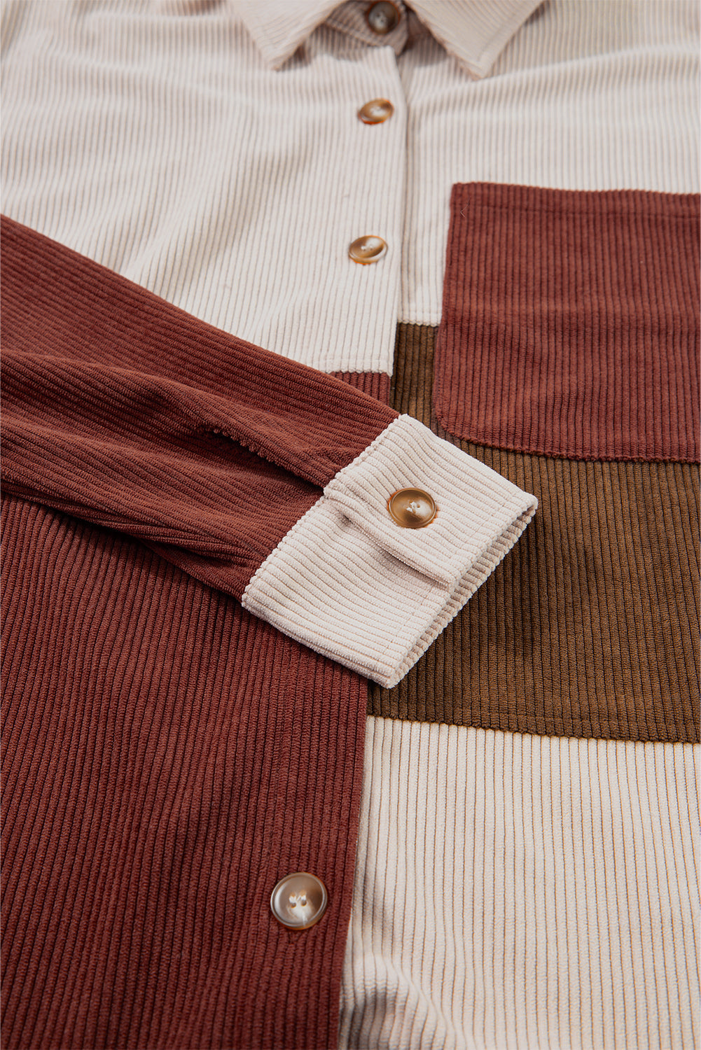 Cinnamon Colourblock Curved Hem Corduroy Shacket with Pocket Beagle Boutique Fashion Outlet