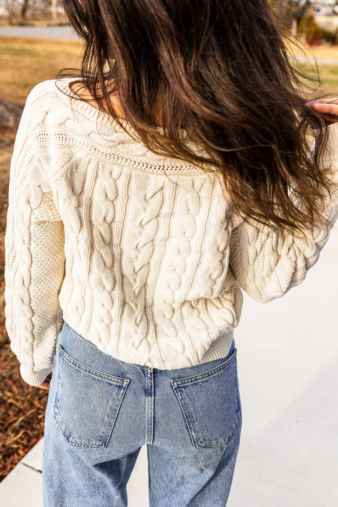 Drop Shoulder Round Neck Cable Knit Sweater – Beige