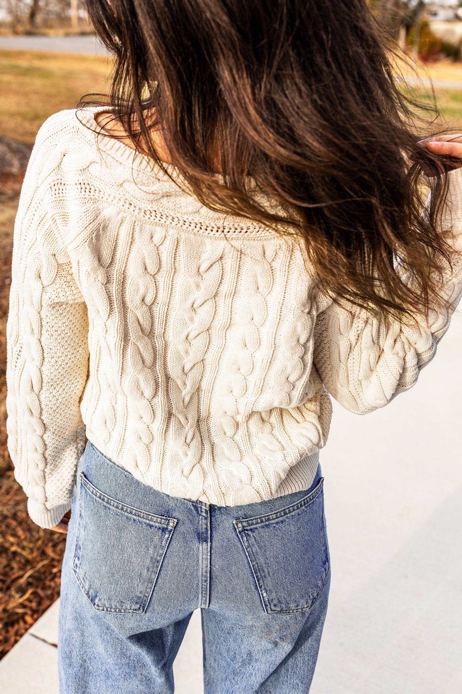Drop Shoulder Round Neck Cable Knit Sweater – Beige