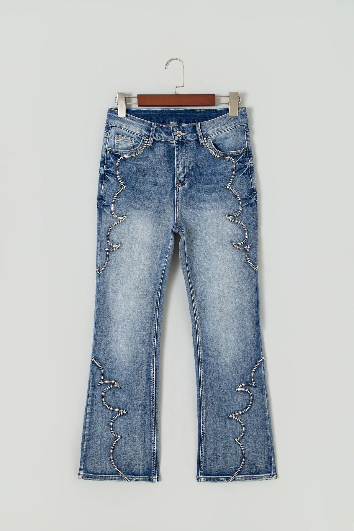Western Embroidered Flare Full Length Jeans – Blue