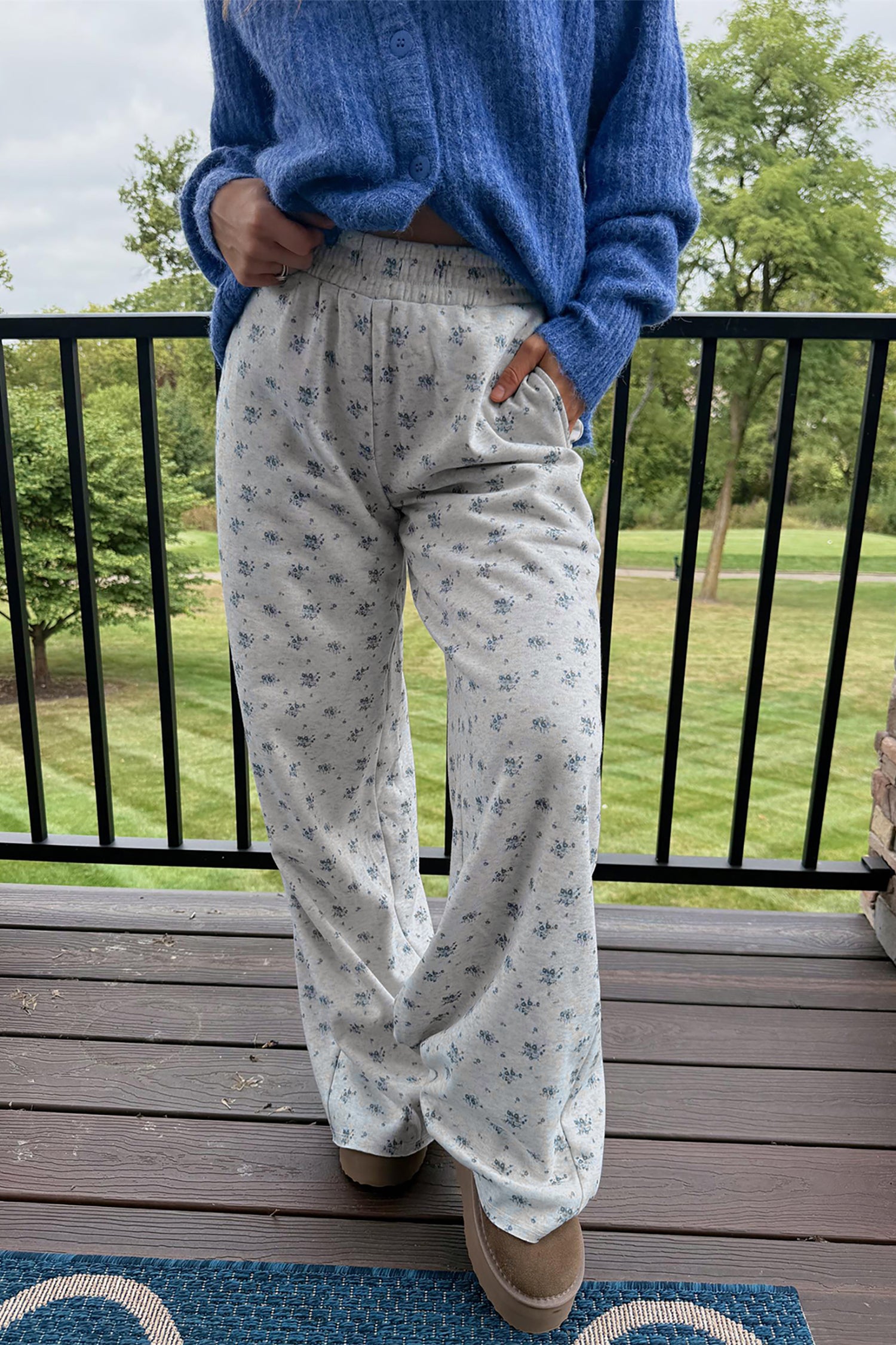 Floral Print Elastic Waist Full Length Regular Pants – Gray