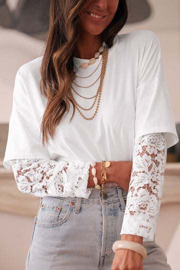White Lace Long Sleeve Insert Drop Shoulder Tee eAura