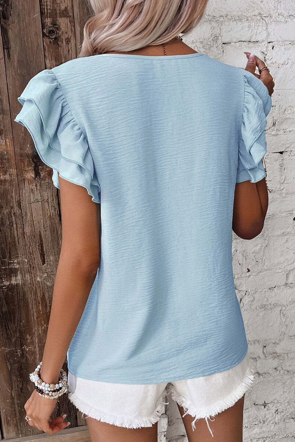 Mist Blue Solid Colour Ruffled Short Sleeve Casual Blouse eAura