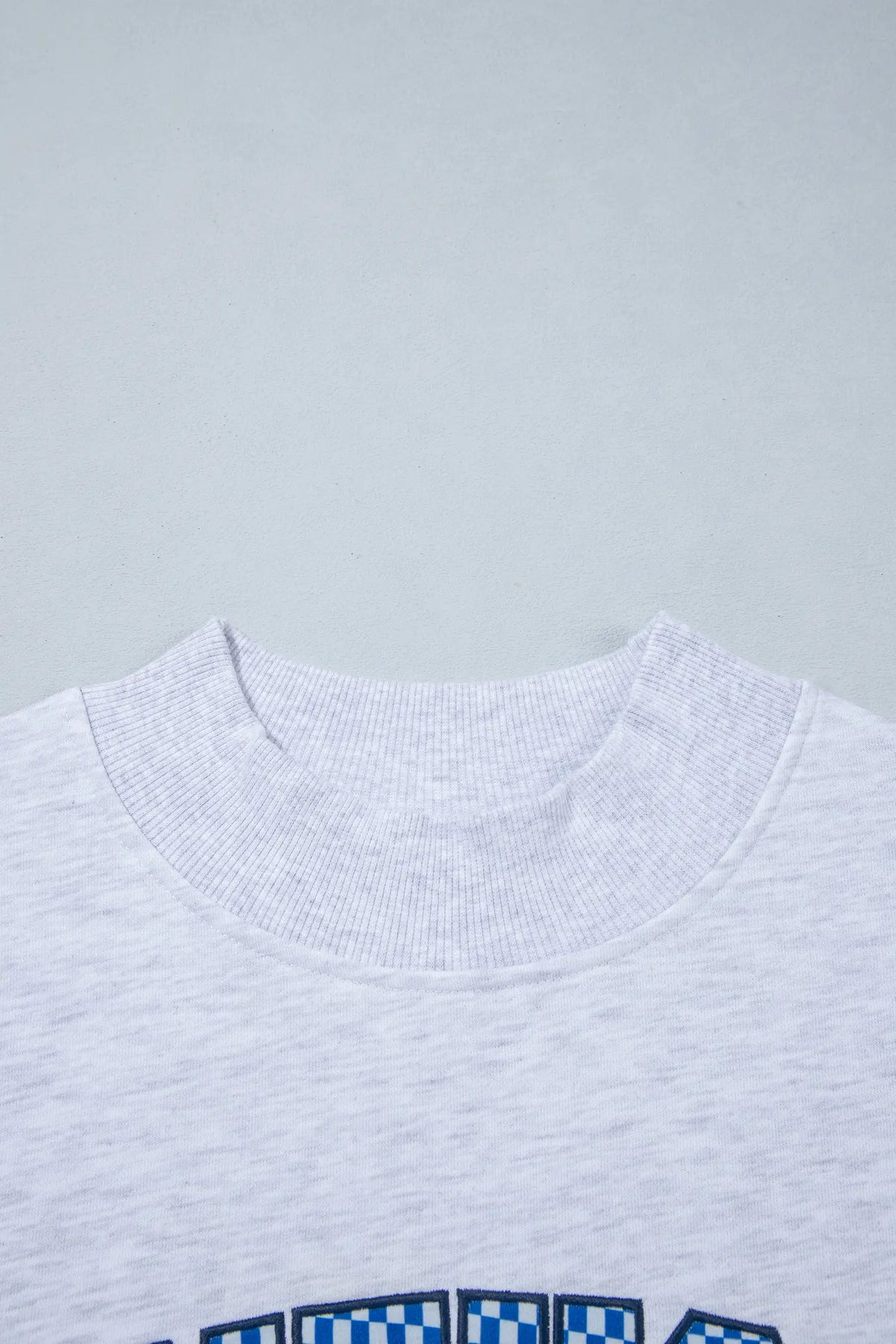 High Neck Embroidered Checkered Letter Game Day Sweatshirt – Light Grey