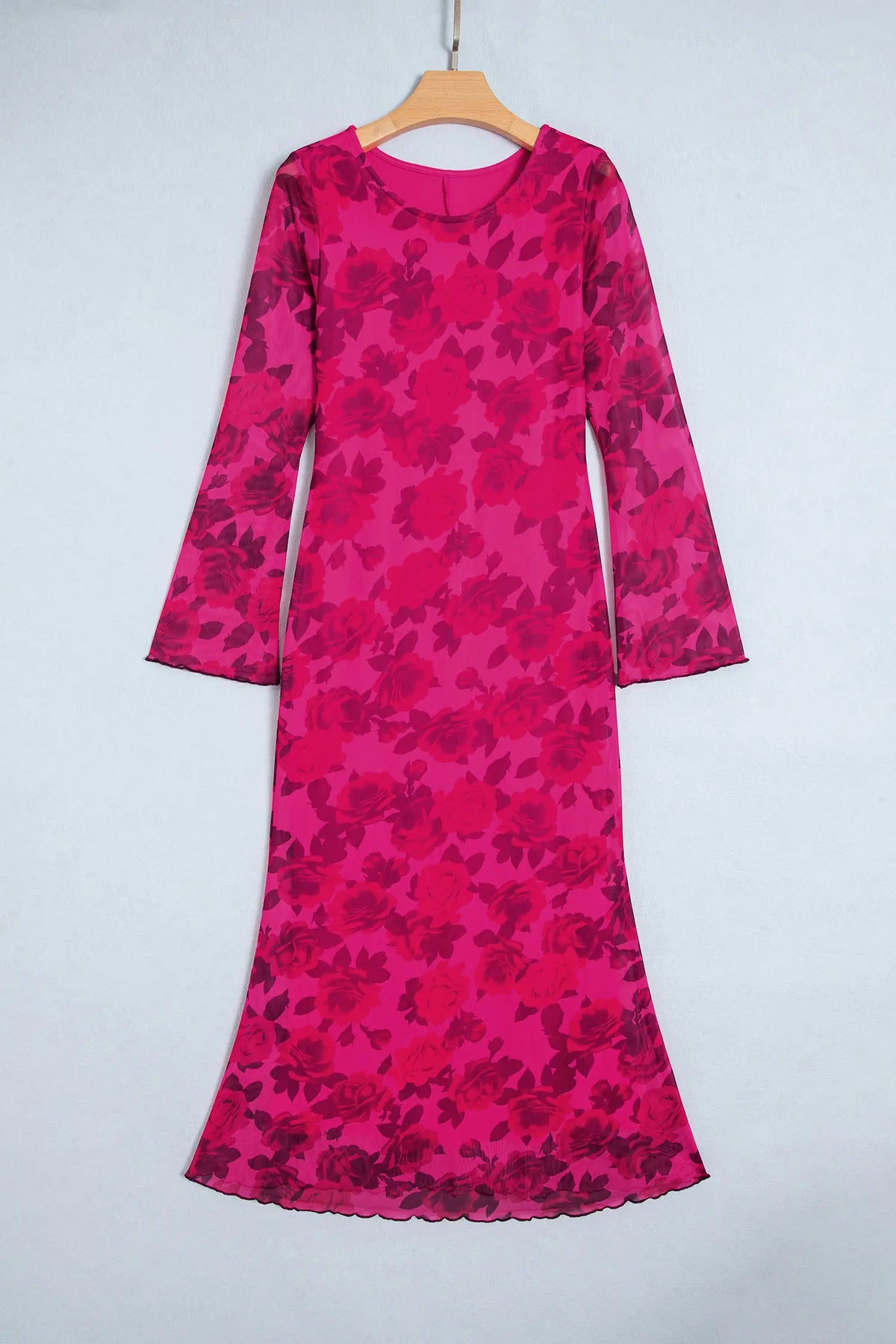 Floral Print Cuff Hem Serging Long Sleeve Sheath Dress – Red