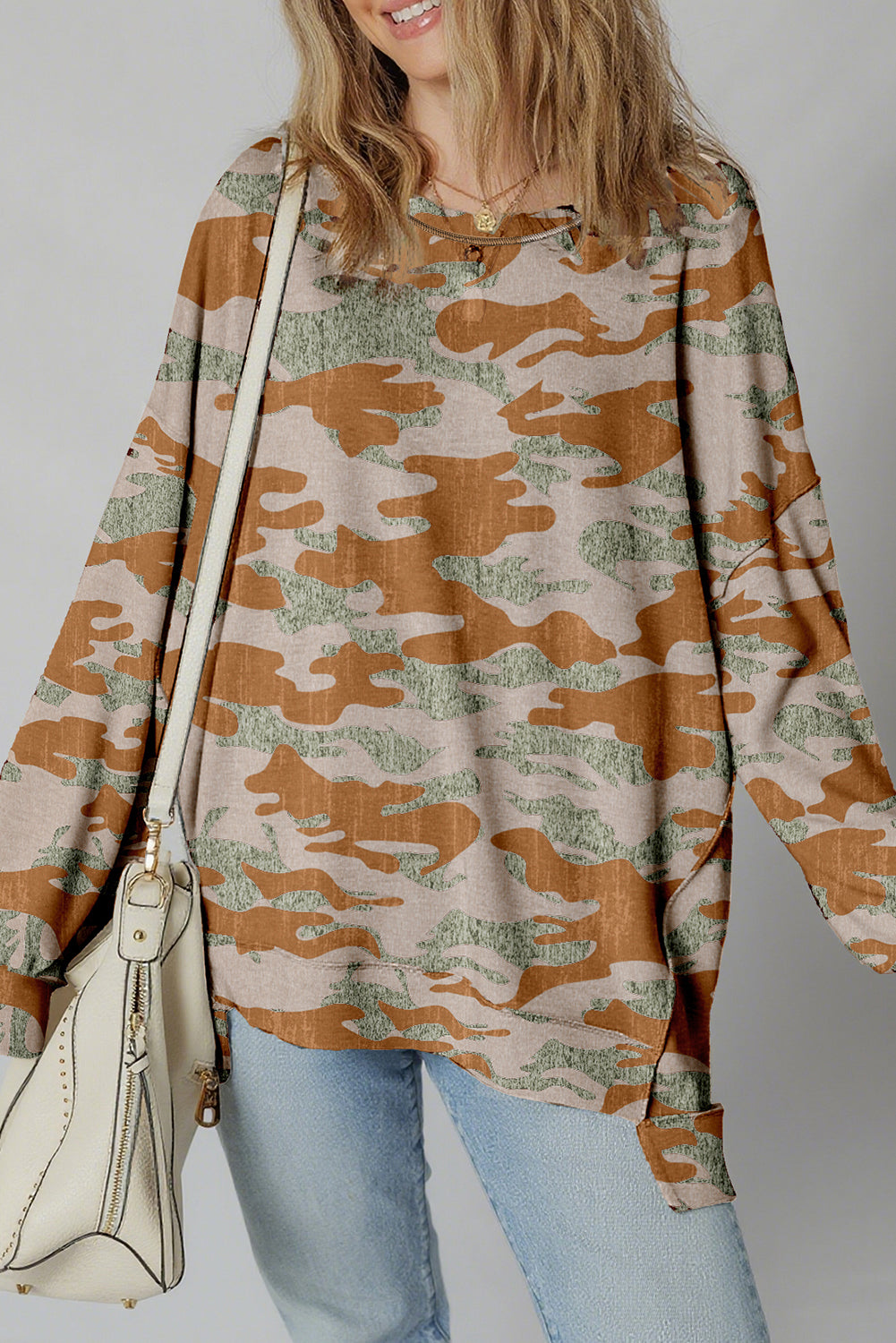 Retro Camouflage Print Exposed Seam Patchwork Drop Shoulder Sweatshirt - eAura