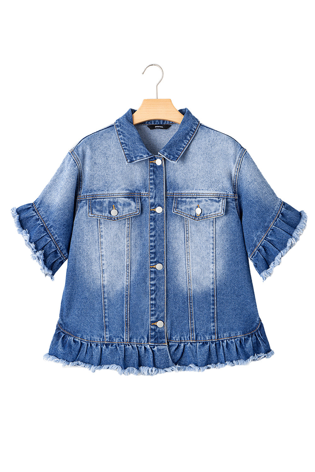 Peacock Blue Raw Edge Ruffled Short Sleeve Denim Jacket eAura