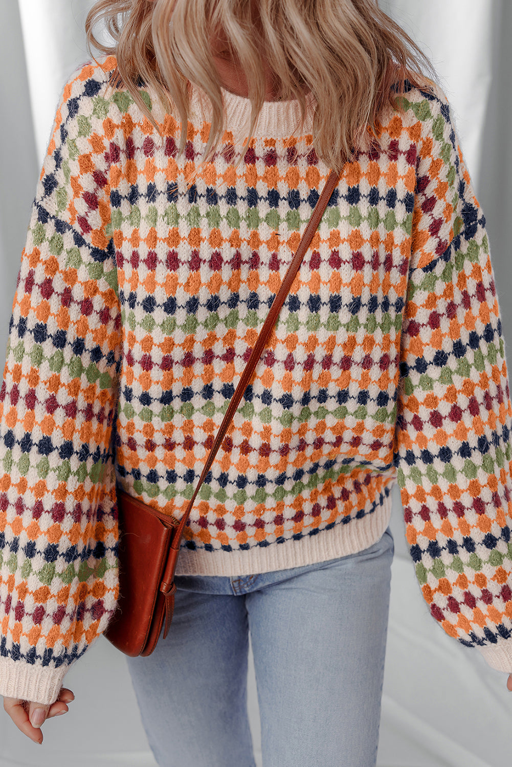 Multicoloured Dotty Stripe Pattern Knit Drop Shoulder Sweater - eAura