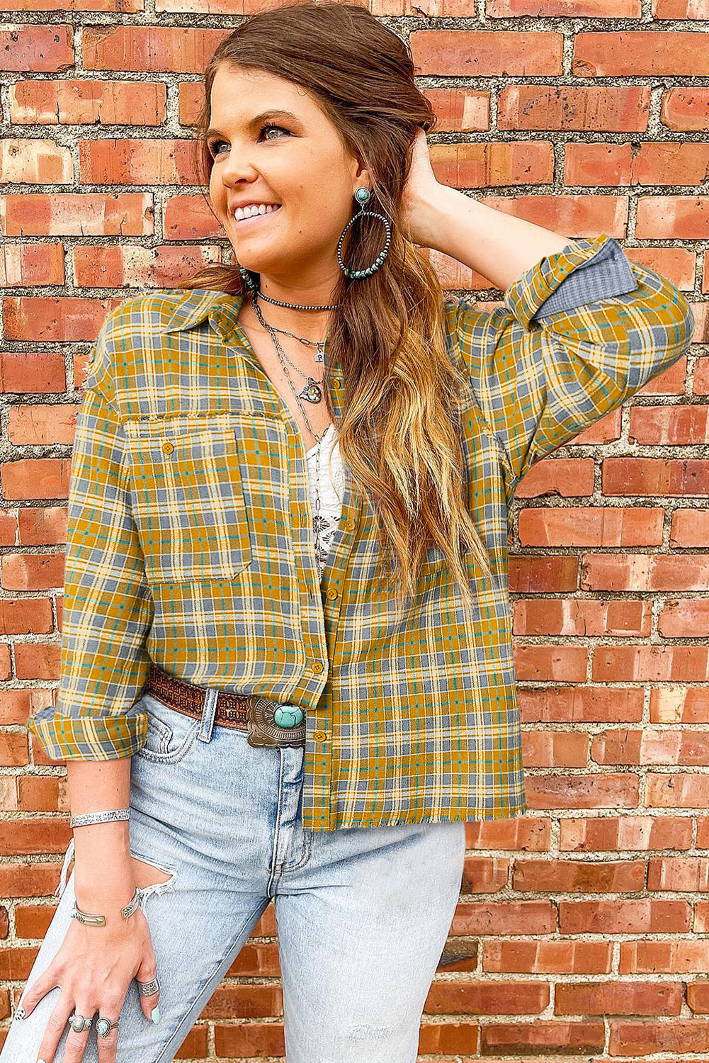 Ginger Plaid Embroidery Patch Button-Down Shacket eAura