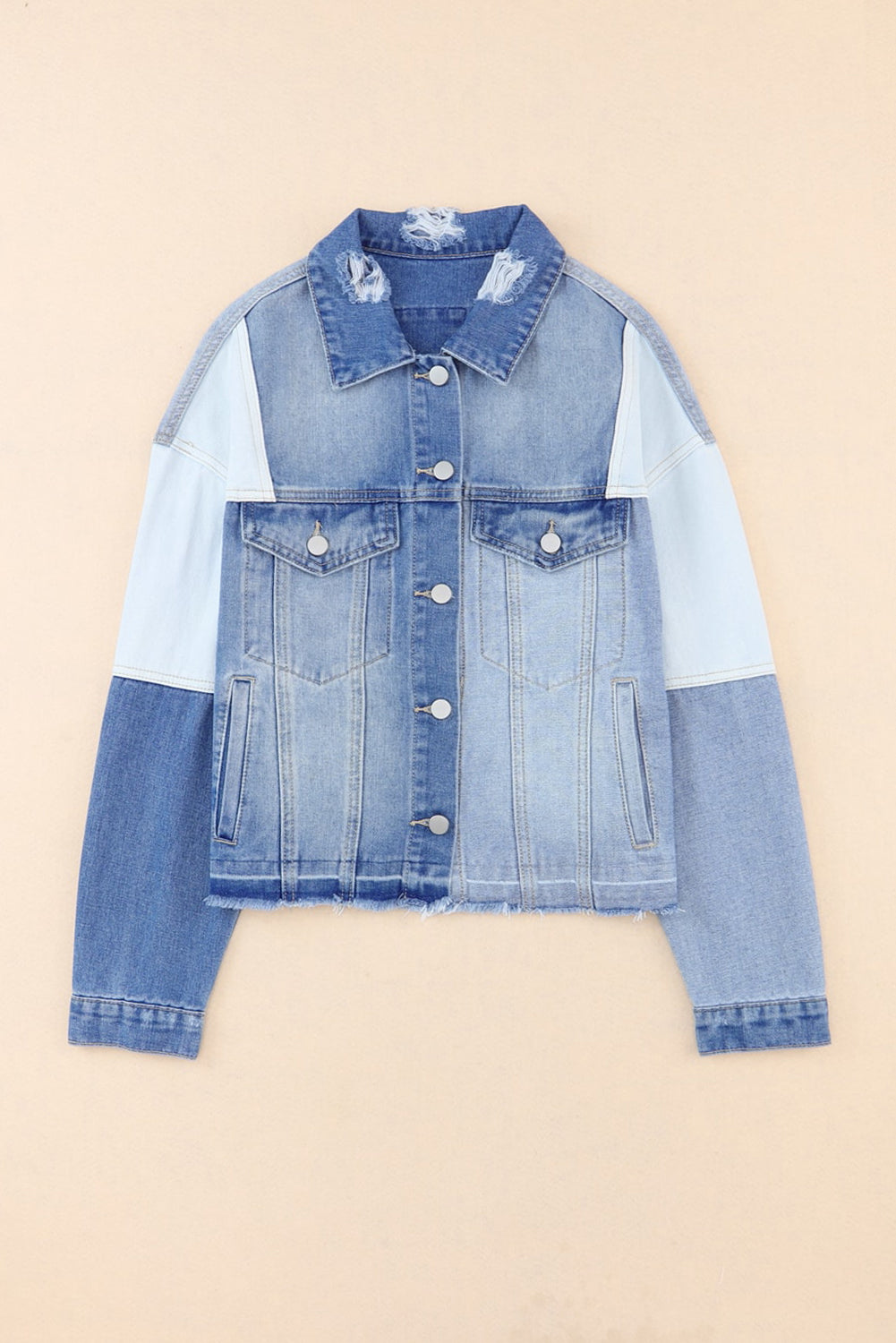 Sky Blue Colour Block Denim Patchwork Frayed Hem Jacket Beagle Boutique Fashion Outlet